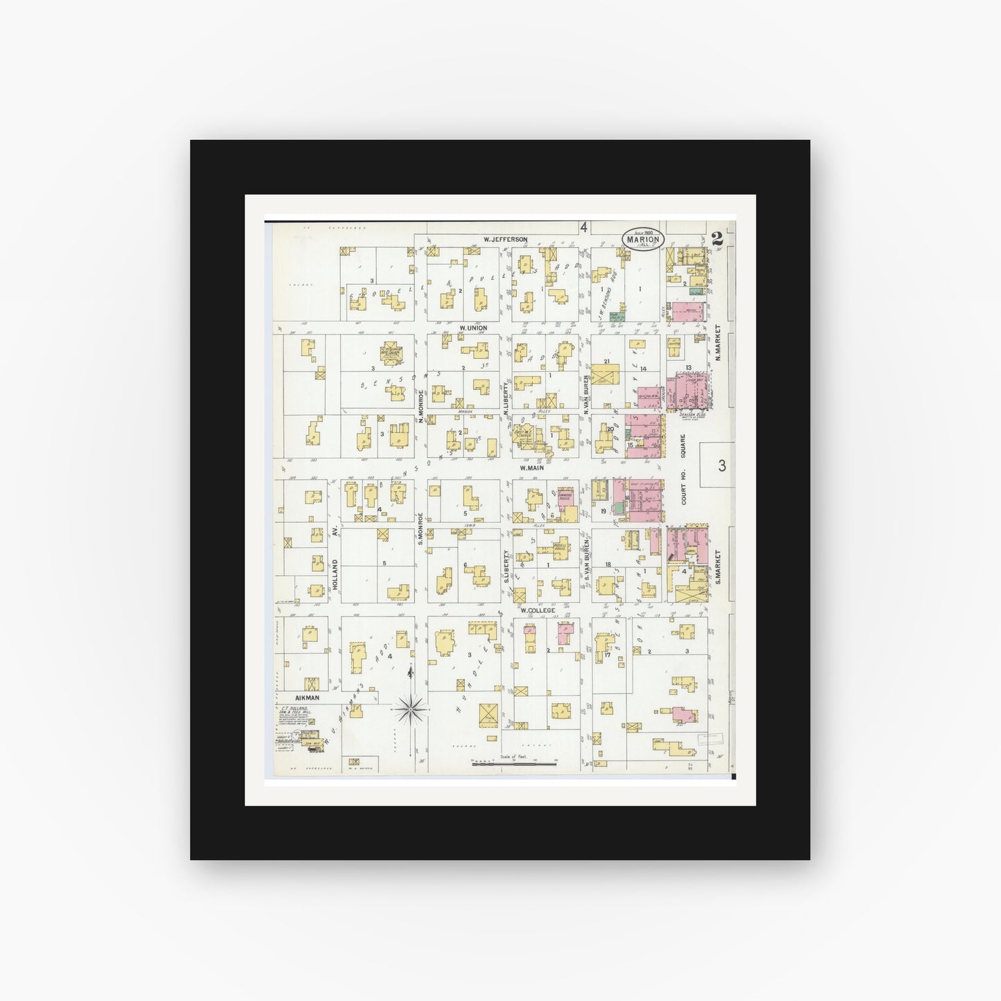 Old map wall art mockup — black gallery frame with white mat — Sanborn Fire Insurance Map from Marion, Williamson County, Illinois (1900), Sheet #0004