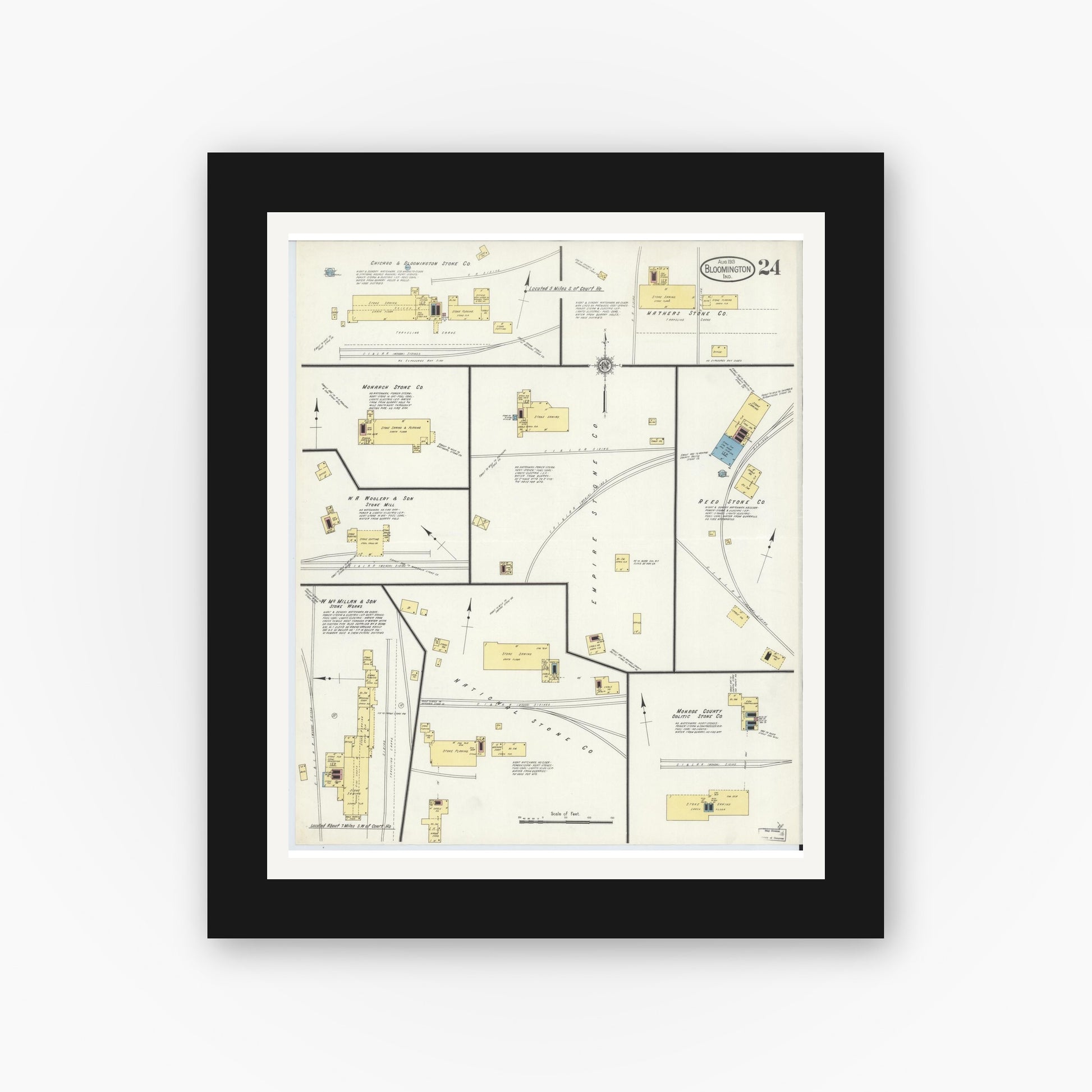 Old map wall art mockup — black gallery frame with white mat — Sanborn Fire Insurance Map from Bloomington, Monroe County, Indiana (1913), Sheet #0024