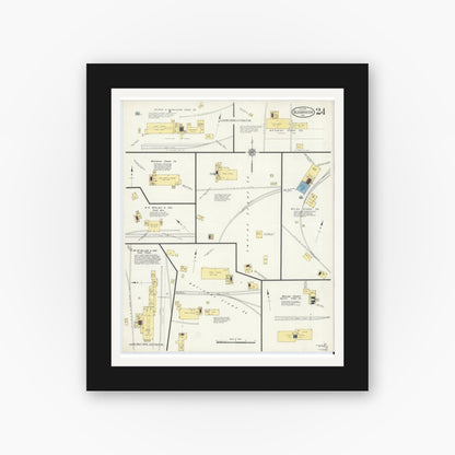 Old map wall art mockup — black gallery frame with white mat — Sanborn Fire Insurance Map from Bloomington, Monroe County, Indiana (1913), Sheet #0024