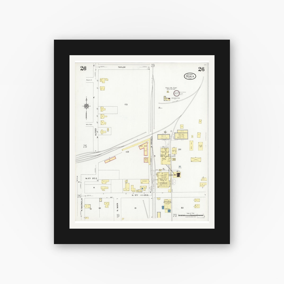 Old map wall art mockup — black gallery frame with white mat — Sanborn Fire Insurance Map from Ocala, Marion County, Florida (1924), Sheet #0026