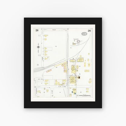 Old map wall art mockup — black gallery frame with white mat — Sanborn Fire Insurance Map from Ocala, Marion County, Florida (1924), Sheet #0026