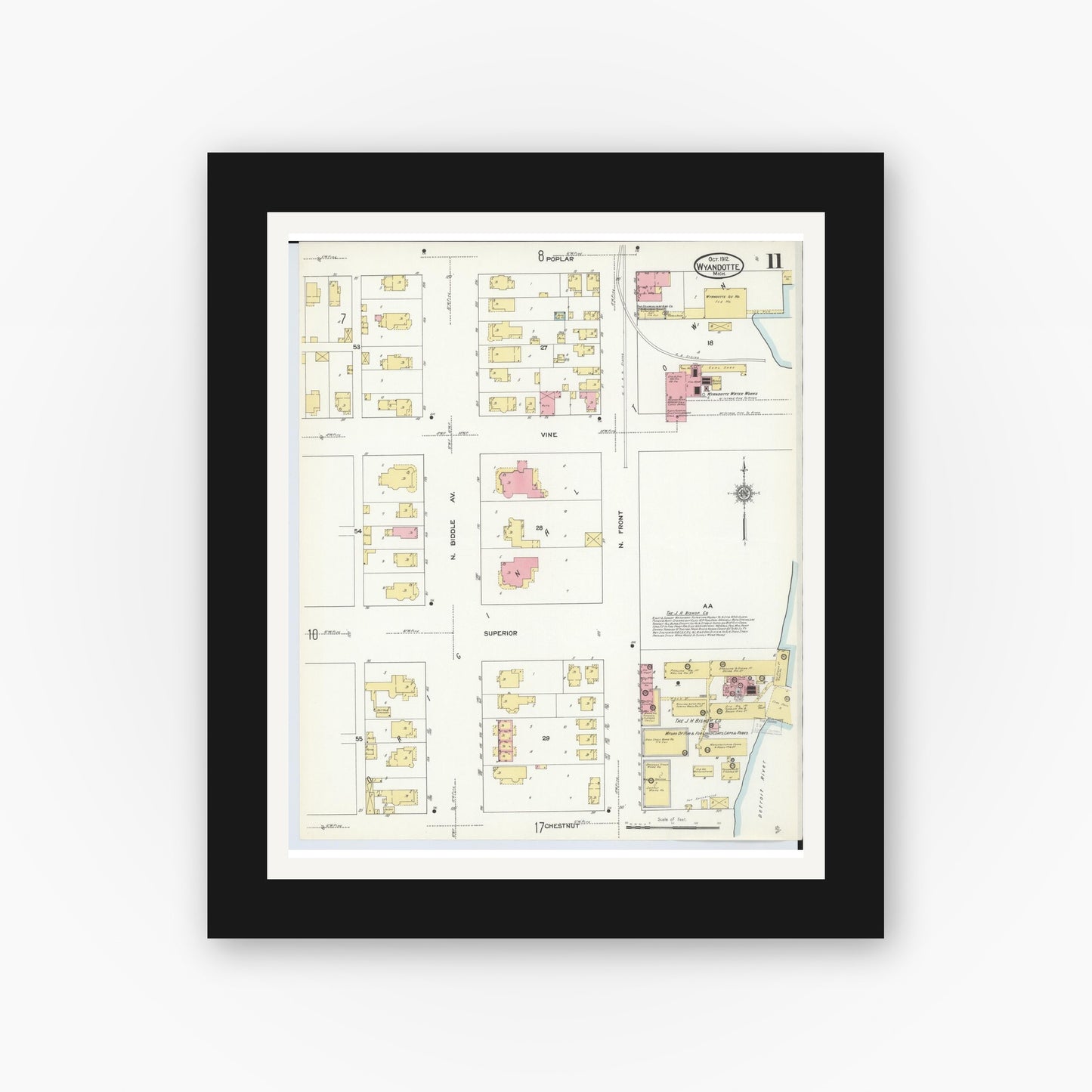 Old map wall art mockup — black gallery frame with white mat — Sanborn Fire Insurance Map from Wyandotte, Wayne County, Michigan (1912), Sheet #0011