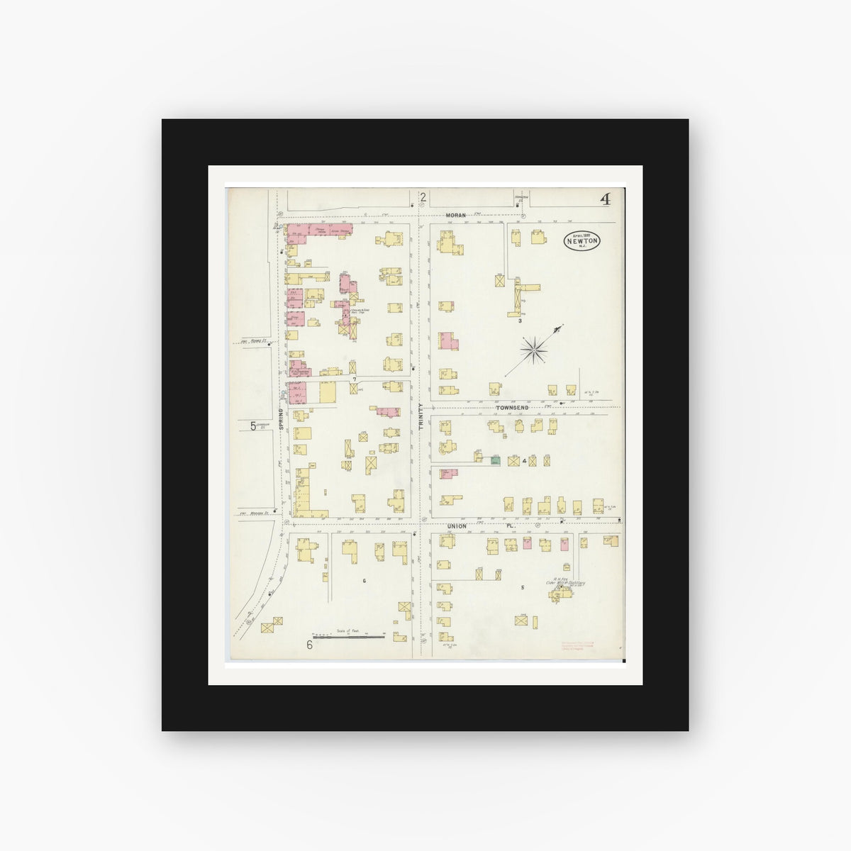 Old map wall art mockup — black gallery frame with white mat — Sanborn Fire Insurance Map from Newton, Sussex County, New Jersey (1897), Sheet #0004
