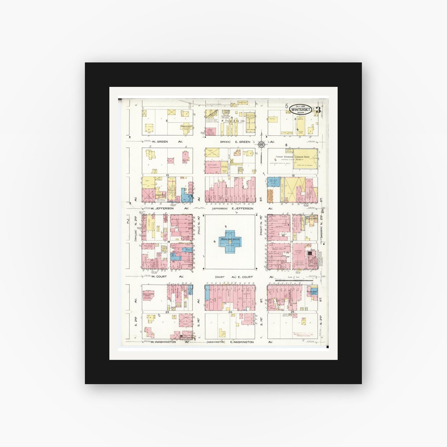 Old map wall art mockup — black gallery frame with white mat — Sanborn Fire Insurance Map from Winterset, Madison County, Iowa (1916), Sheet #0003