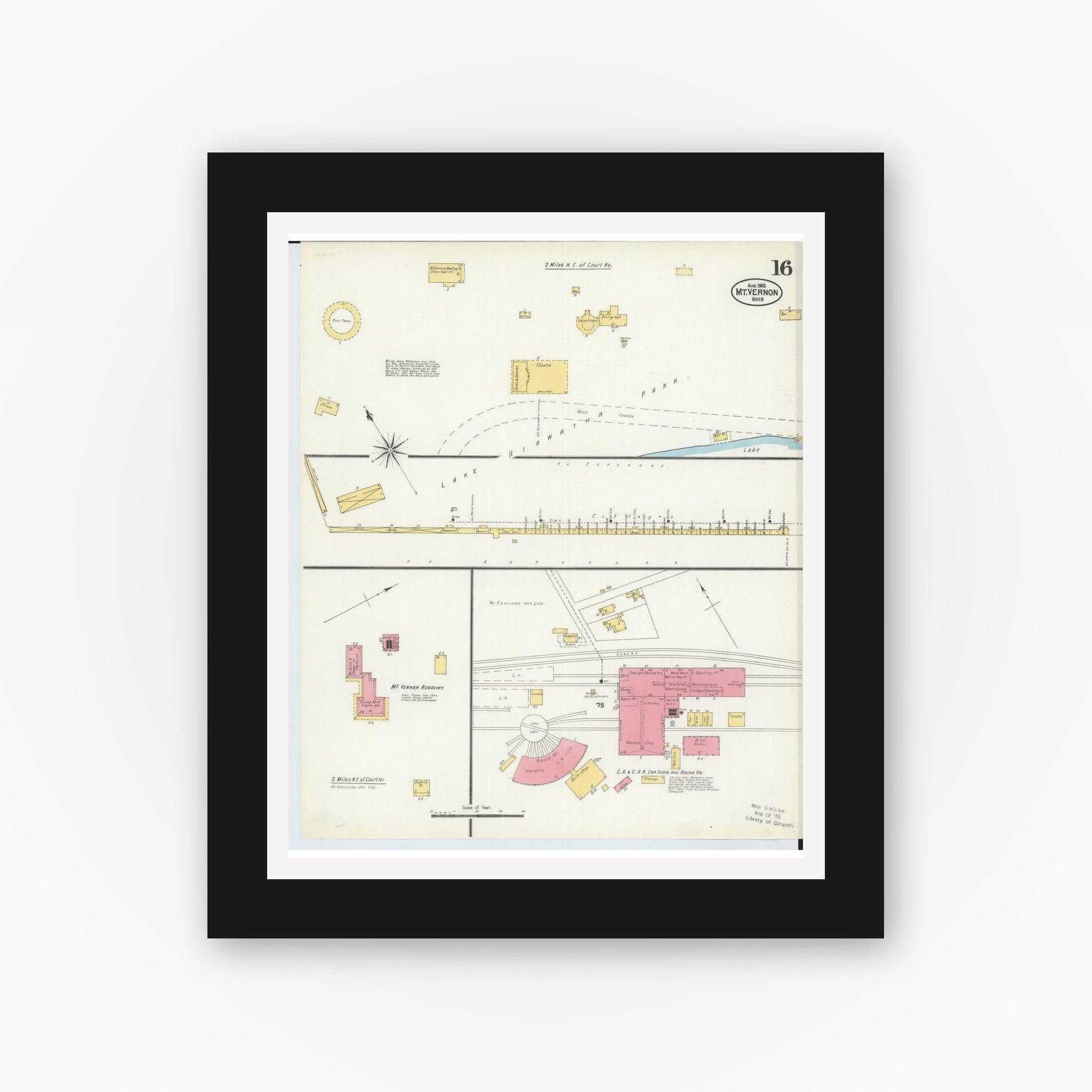 Old map wall art mockup — black gallery frame with white mat — Sanborn Fire Insurance Map from Mount Vernon, Knox County, Ohio (1903), Sheet #0016
