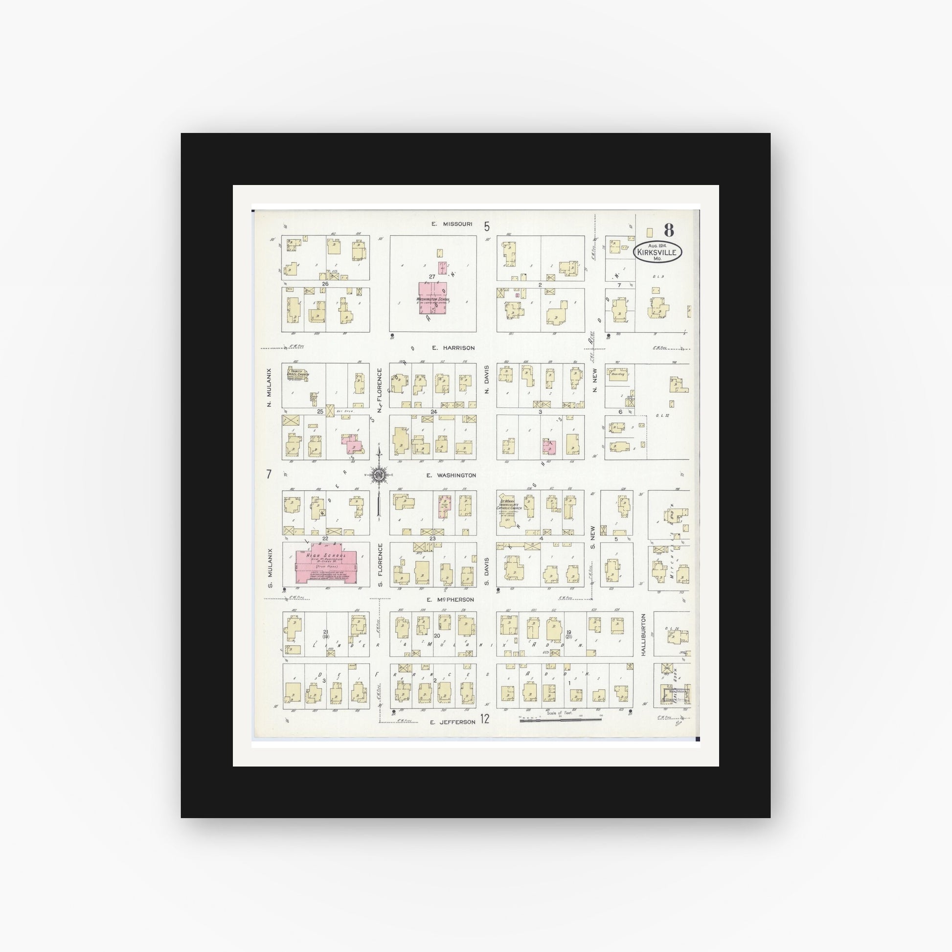 Old map wall art mockup — black gallery frame with white mat — Sanborn Fire Insurance Map from Kirksville, Adair County, Missouri (1914), Sheet #0008