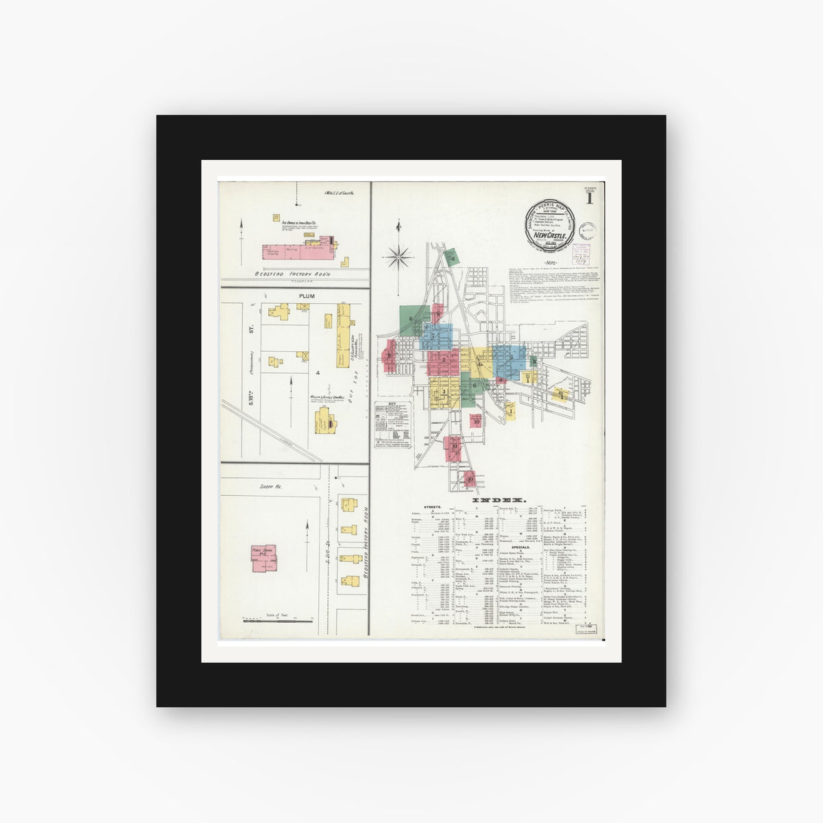 Old map wall art mockup — black gallery frame with white mat — Sanborn Fire Insurance Map from New Castle, Henry County, Indiana (1901), Sheet #0001