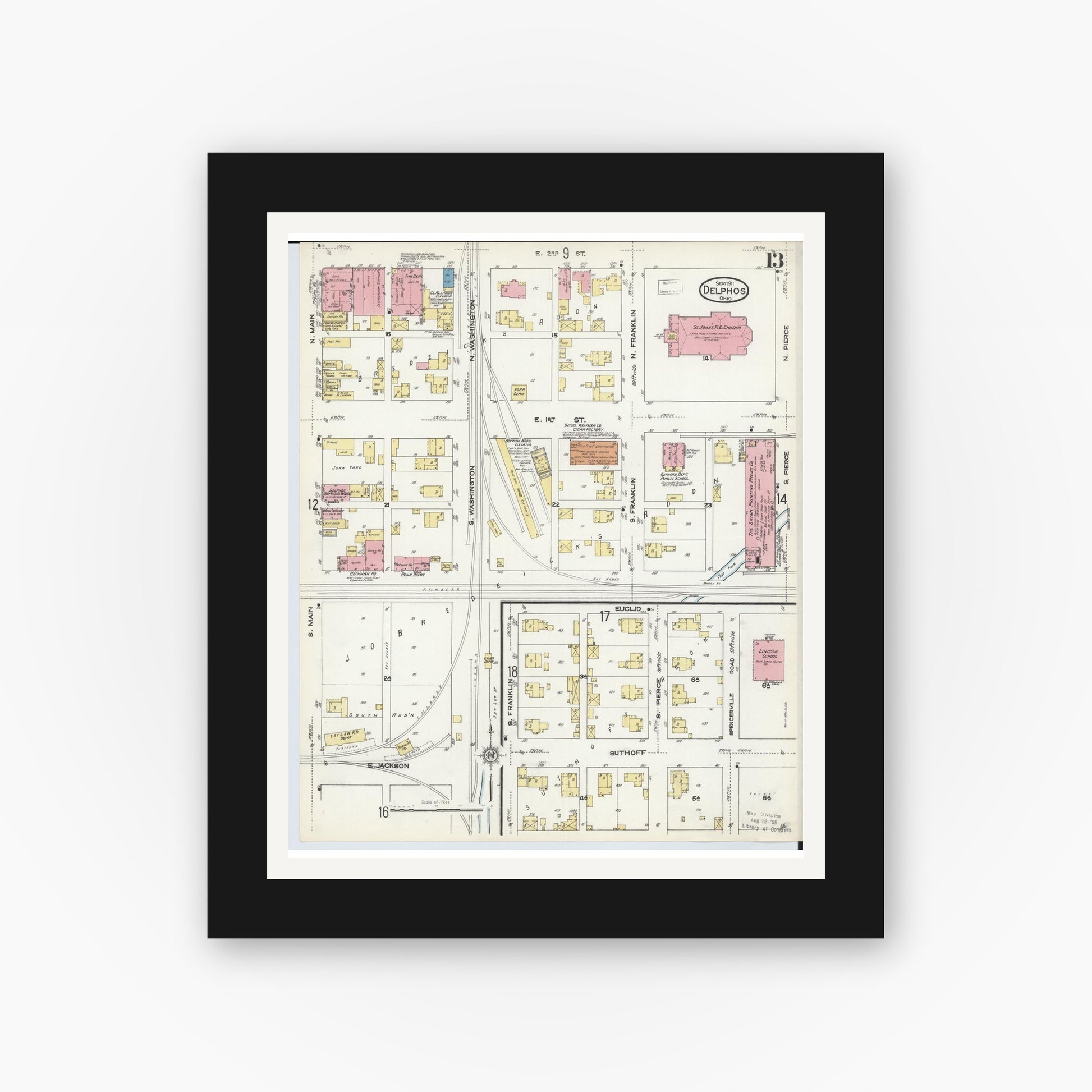 Old map wall art mockup — black gallery frame with white mat — Sanborn Fire Insurance Map from Delphos, Van Wert And Allen Counties, Ohio (1911), Sheet #0013