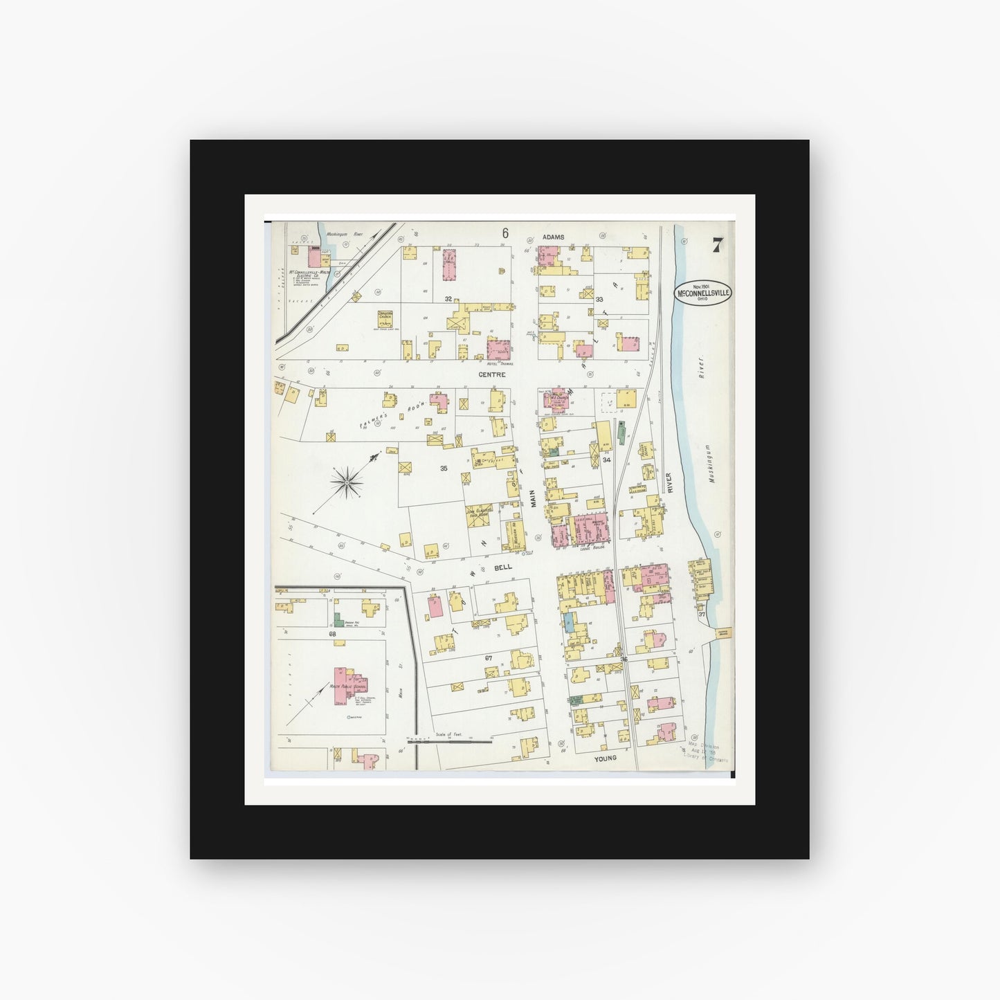 Old map wall art mockup — black gallery frame with white mat — Sanborn Fire Insurance Map from McConnelsville, Morgan County, Ohio (1901), Sheet #0007