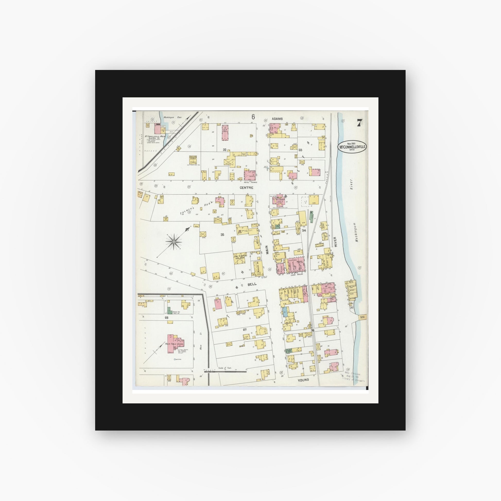 Old map wall art mockup — black gallery frame with white mat — Sanborn Fire Insurance Map from McConnelsville, Morgan County, Ohio (1901), Sheet #0007