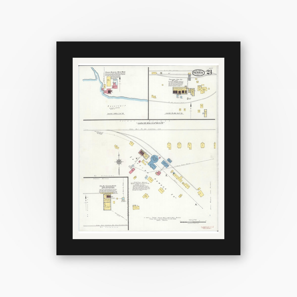 Old map wall art mockup — black gallery frame with white mat — Sanborn Fire Insurance Map from Herrin, Williamson County, Illinois (1922), Sheet #0021