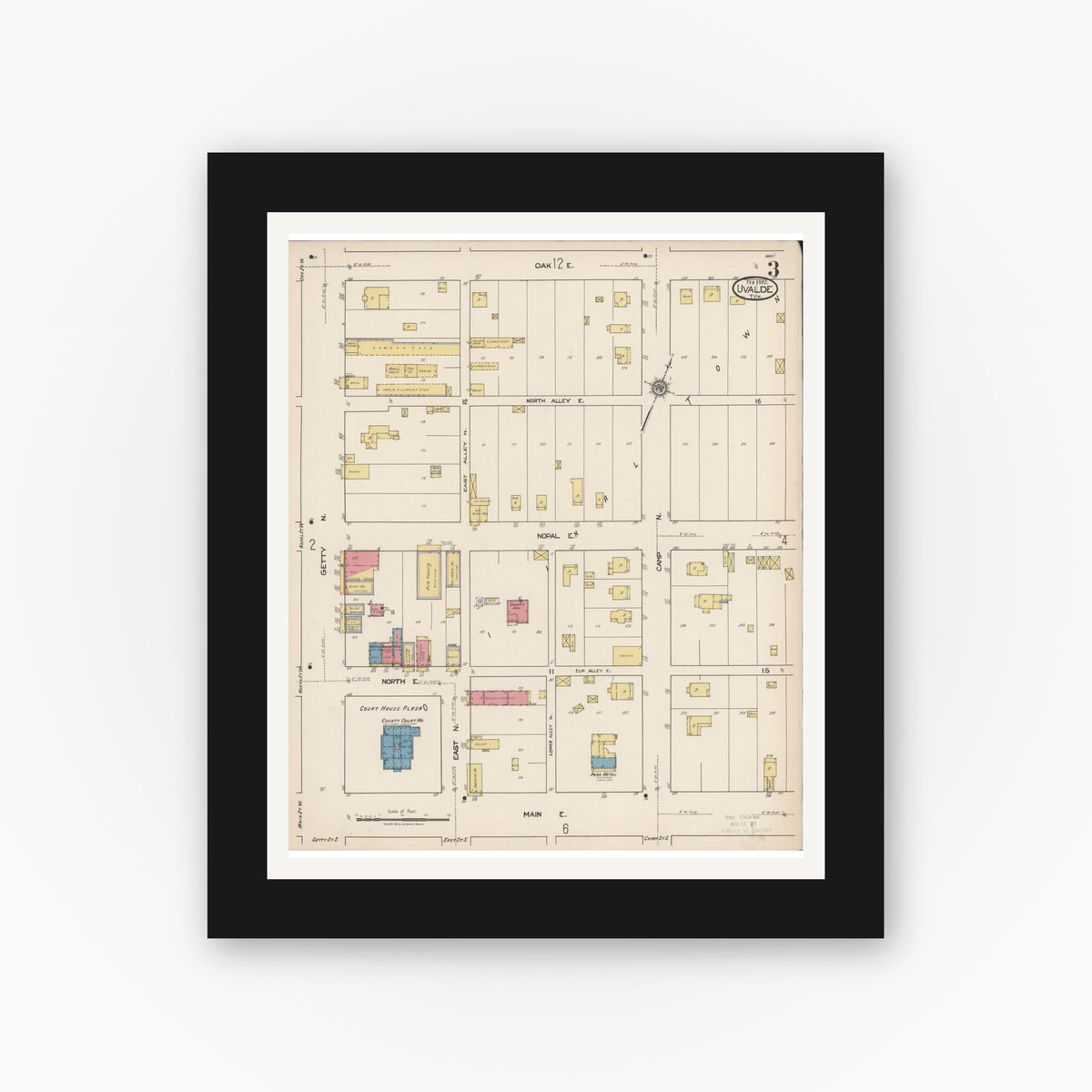 Old map wall art mockup — black gallery frame with white mat — Sanborn Fire Insurance Map from Uvalde, Uvalde County, Texas (1922), Sheet #0003