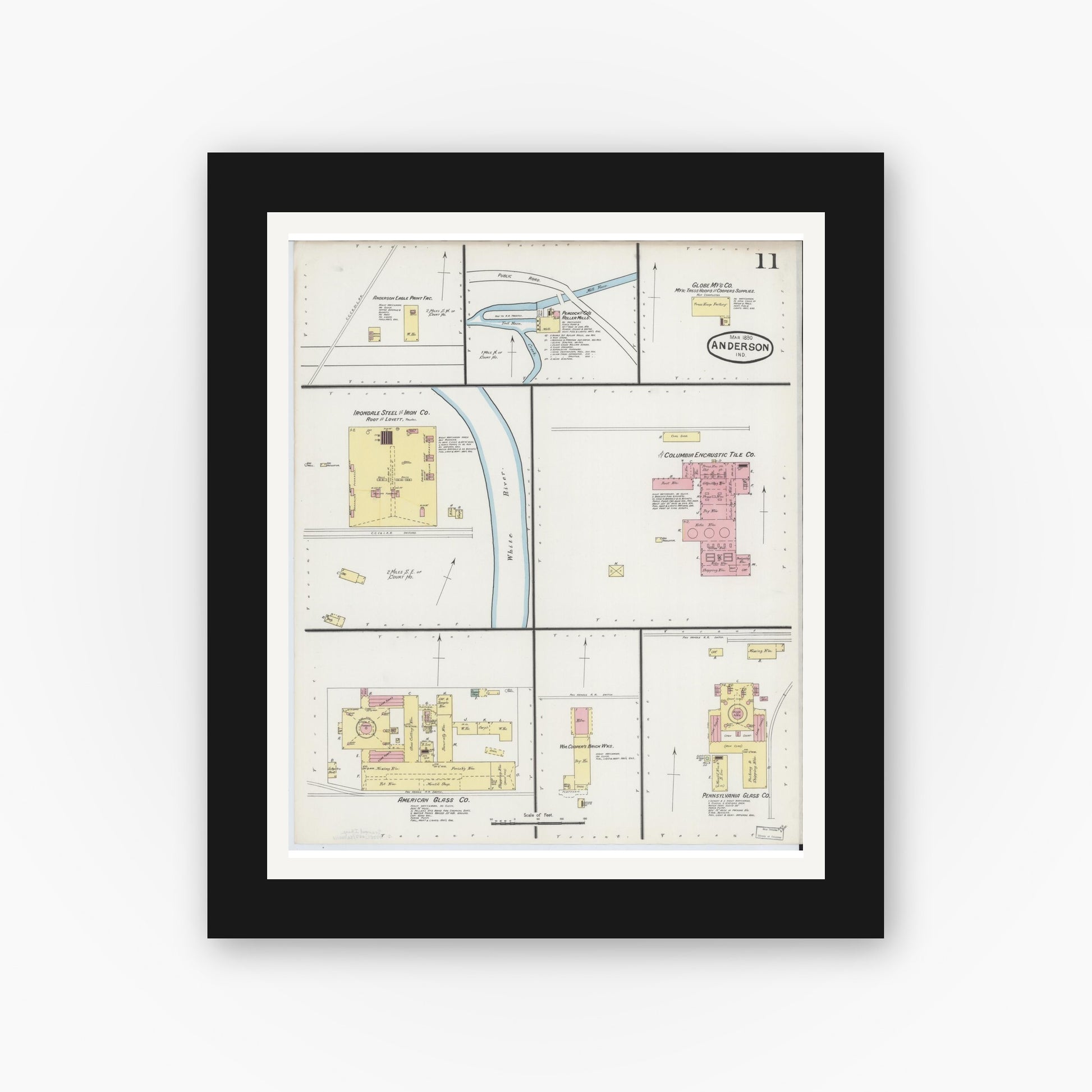 Old map wall art mockup — black gallery frame with white mat — Sanborn Fire Insurance Map from Anderson, Madison County, Indiana (1890), Sheet #0011