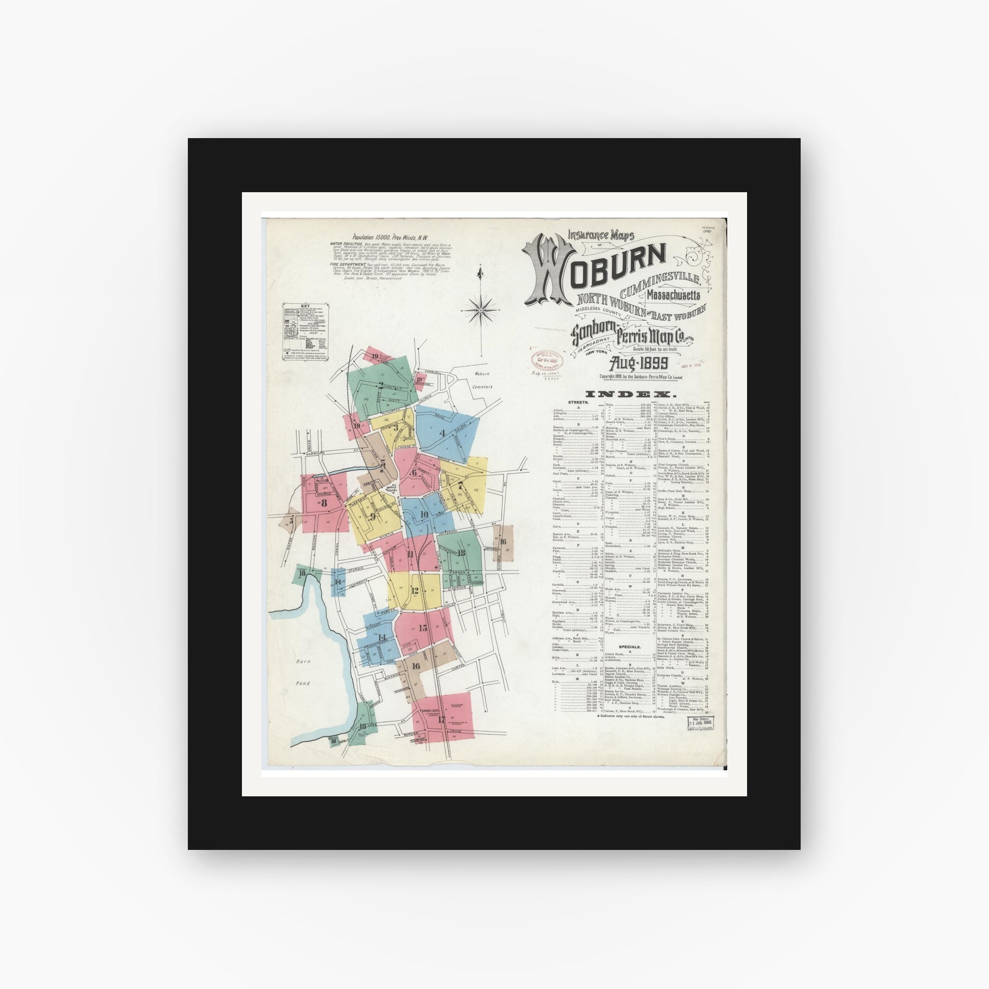 Old map wall art mockup — black gallery frame with white mat — Sanborn Fire Insurance Map from Woburn, Middlesex County, Massachusetts (1899) - Complete Map Set