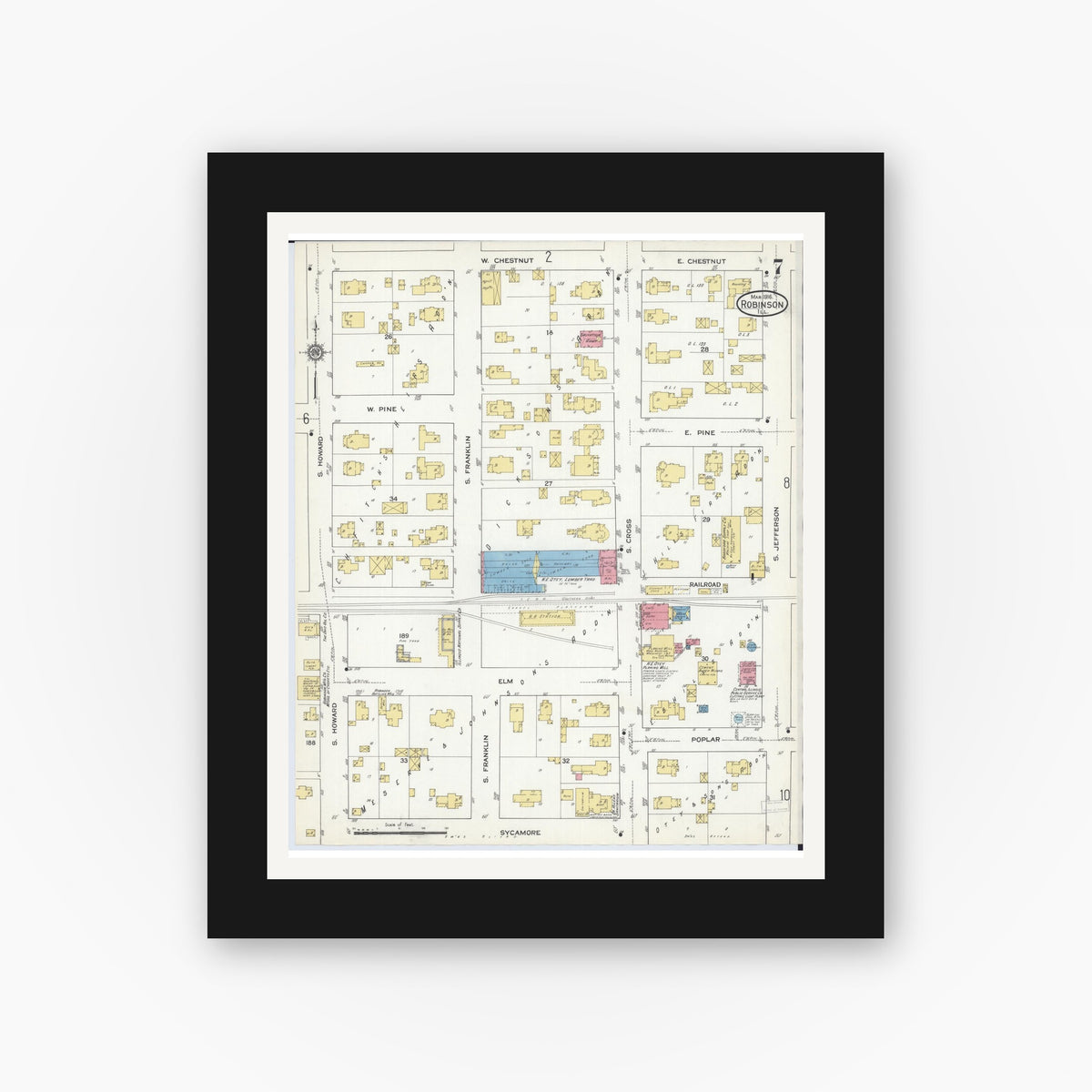 Old map wall art mockup — black gallery frame with white mat — Sanborn Fire Insurance Map from Robinson, Crawford County, Illinois (1916), Sheet #0007