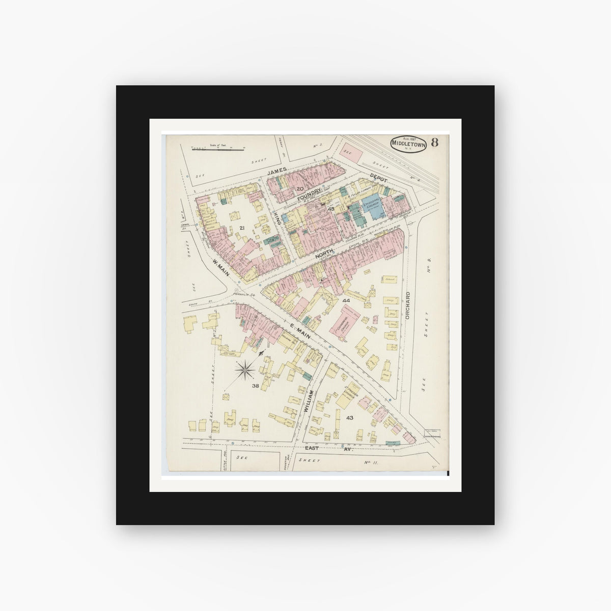Old map wall art mockup — black gallery frame with white mat — Sanborn Fire Insurance Map from Middletown, Orange County, New York (1887), Sheet #0007