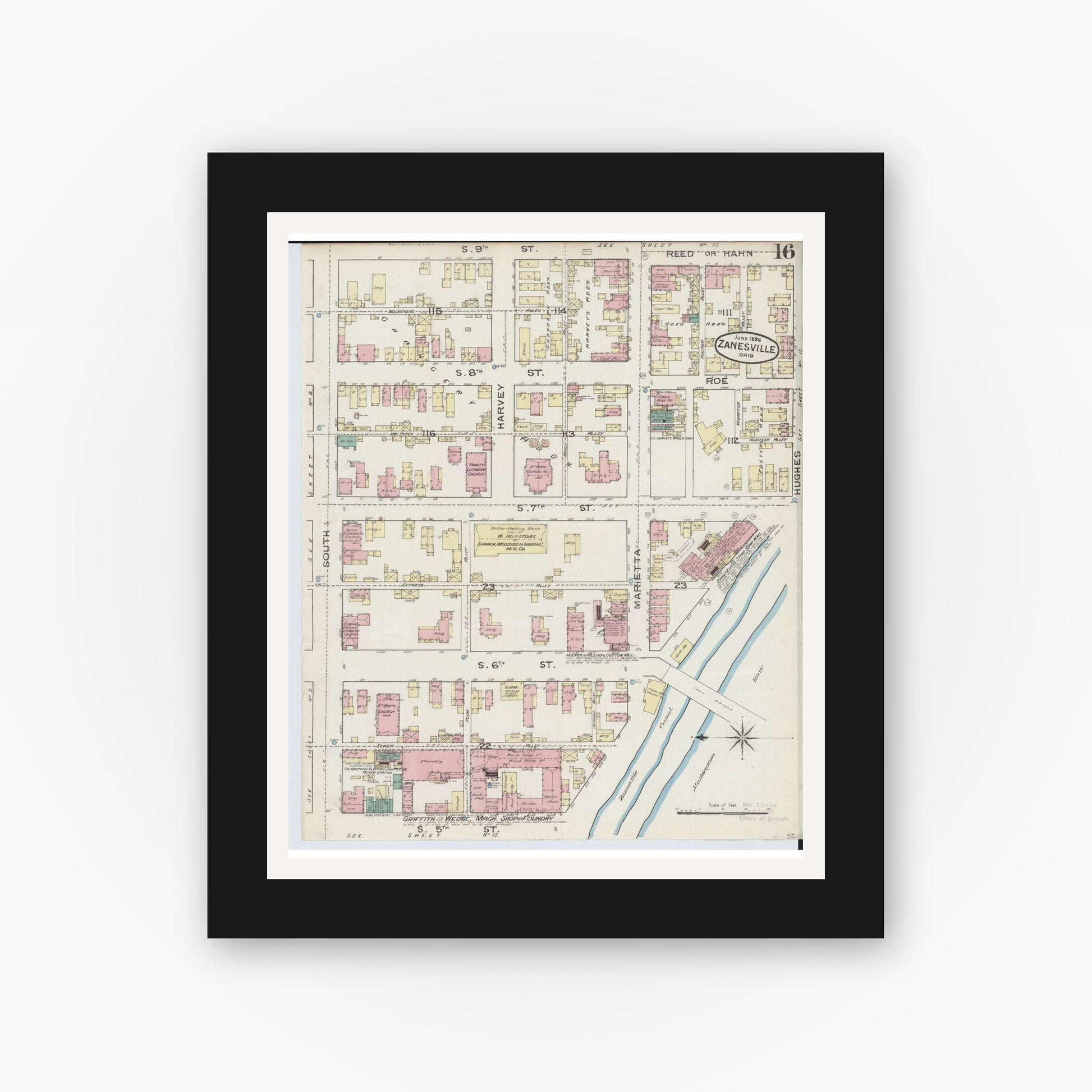 Old map wall art mockup — black gallery frame with white mat — Sanborn Fire Insurance Map from Zanesville, Muskingum County, Ohio (1886), Sheet #0016