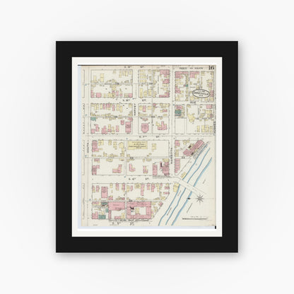 Old map wall art mockup — black gallery frame with white mat — Sanborn Fire Insurance Map from Zanesville, Muskingum County, Ohio (1886), Sheet #0016