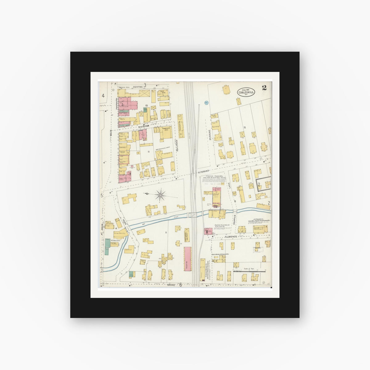 Old map wall art mockup — black gallery frame with white mat — Sanborn Fire Insurance Map from Cobleskill, Schoharie County, New York (1904), Sheet #0002