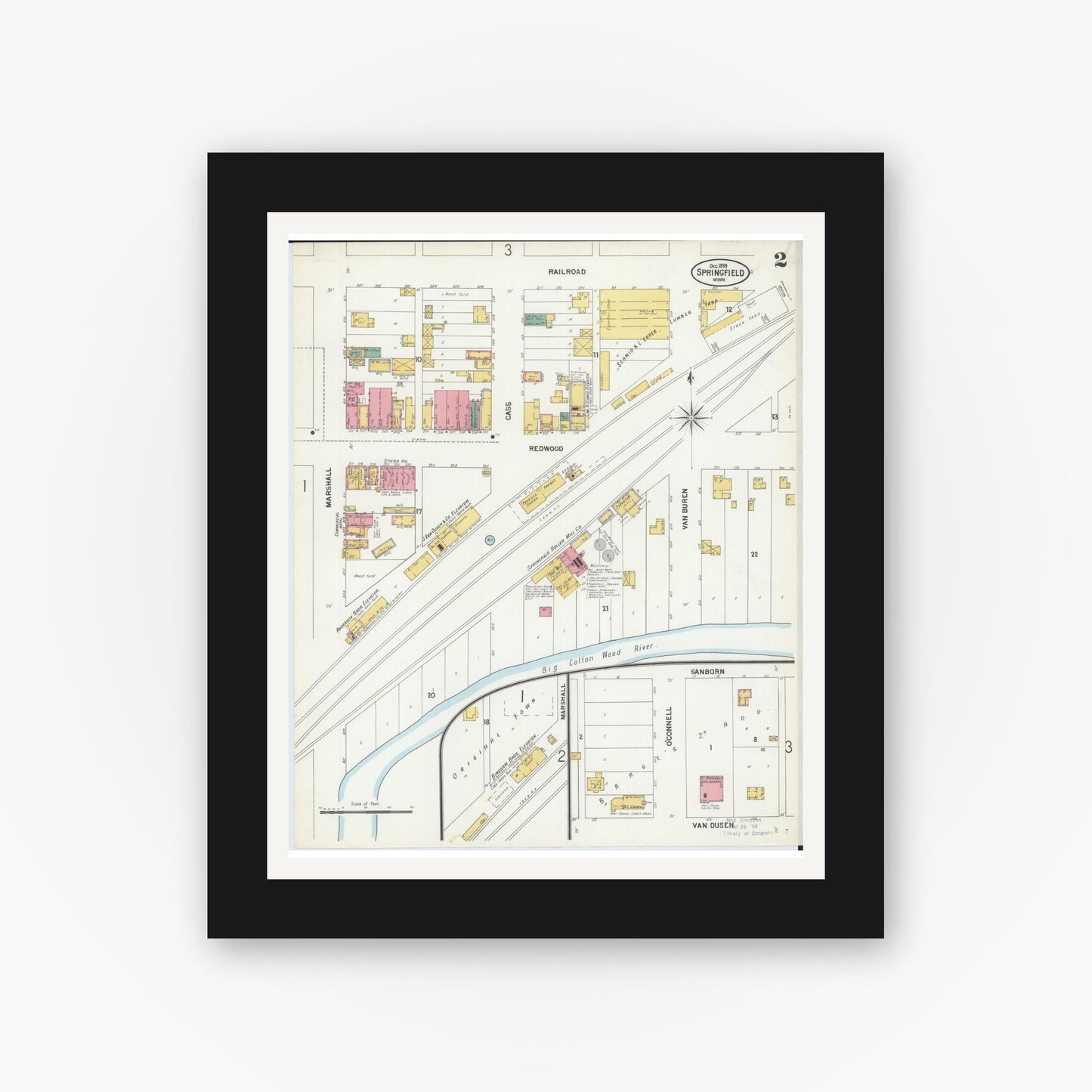 Old map wall art mockup — black gallery frame with white mat — Sanborn Fire Insurance Map from Springfield, Brown County, Minnesota (1899), Sheet #0002