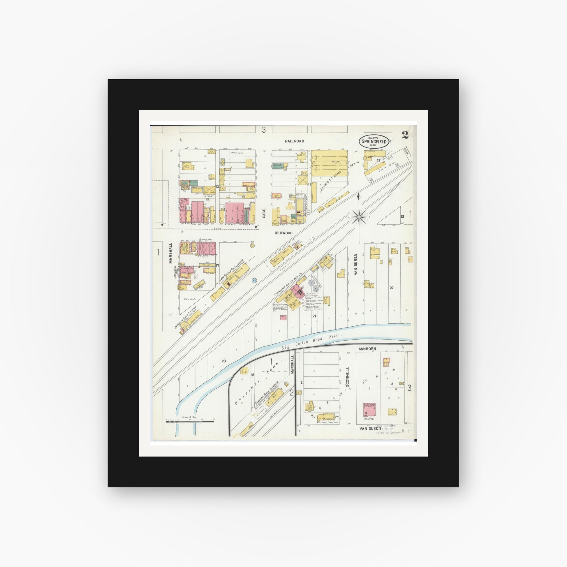 Old map wall art mockup — black gallery frame with white mat — Sanborn Fire Insurance Map from Springfield, Brown County, Minnesota (1899), Sheet #0002