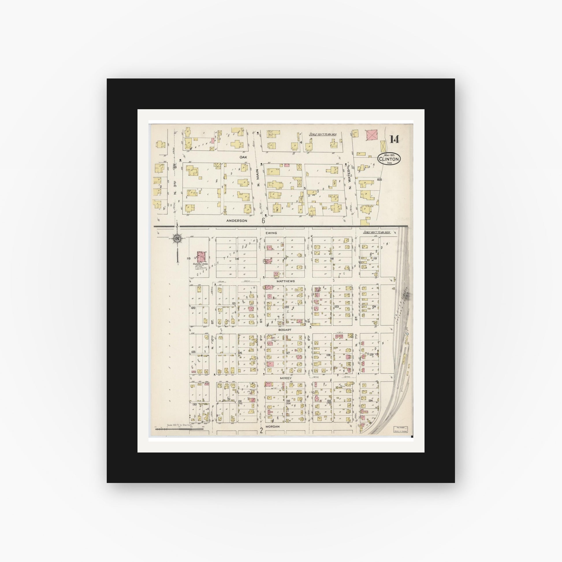 Old map wall art mockup — black gallery frame with white mat — Sanborn Fire Insurance Map from Clinton, Vermillion County, Indiana (1915), Sheet #0014