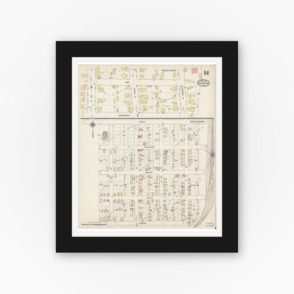 Old map wall art mockup — black gallery frame with white mat — Sanborn Fire Insurance Map from Clinton, Vermillion County, Indiana (1915), Sheet #0014