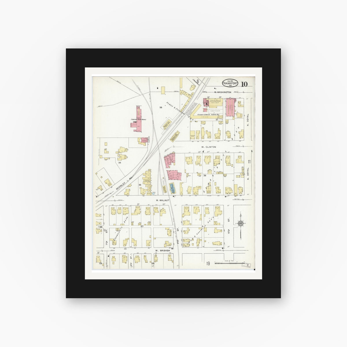 Old map wall art mockup — black gallery frame with white mat — Sanborn Fire Insurance Map from Frankfort, Clinton County, Indiana (1912), Sheet #0010