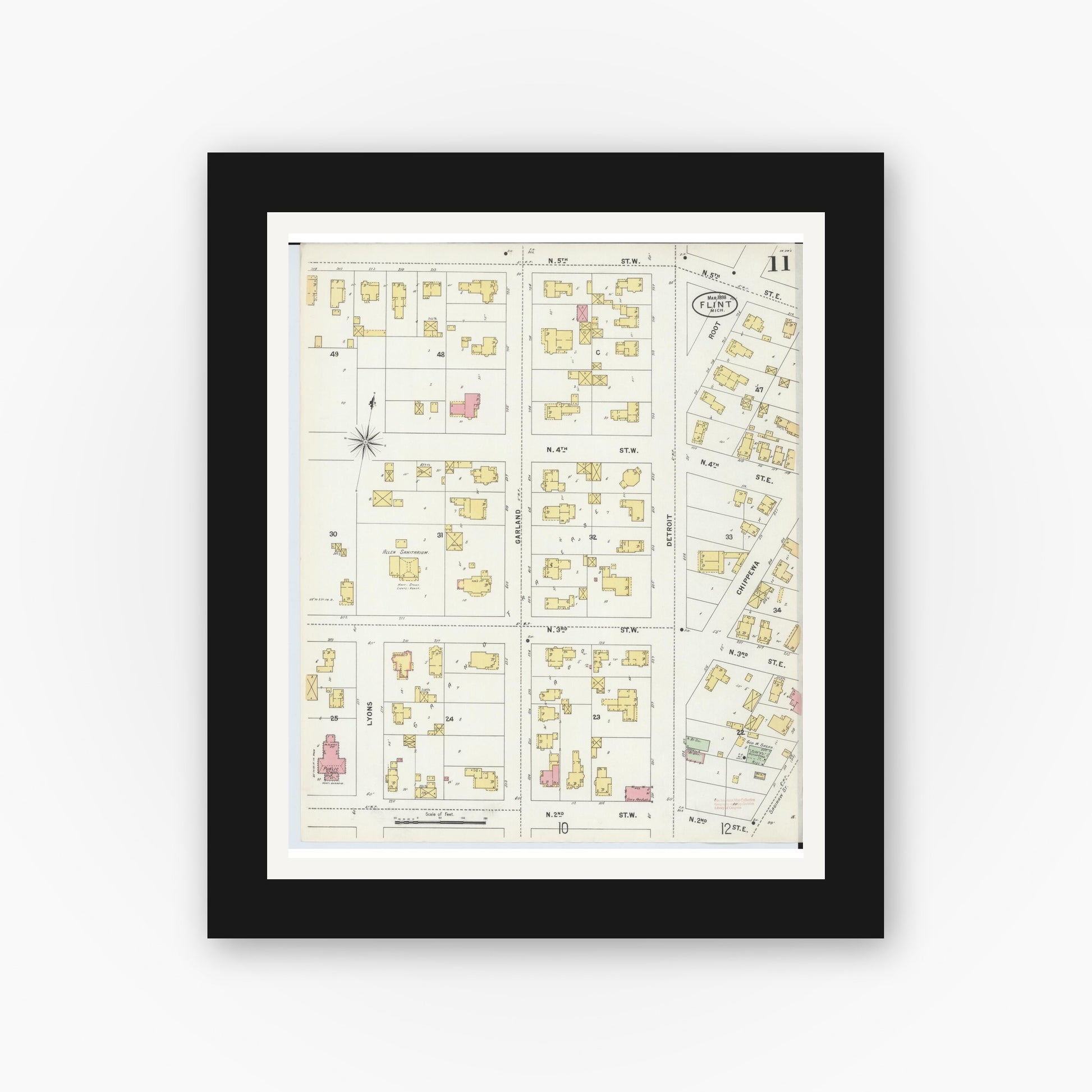 Old map wall art mockup — black gallery frame with white mat — Sanborn Fire Insurance Map from Flint, Genesee County, Michigan (1898), Sheet #0011