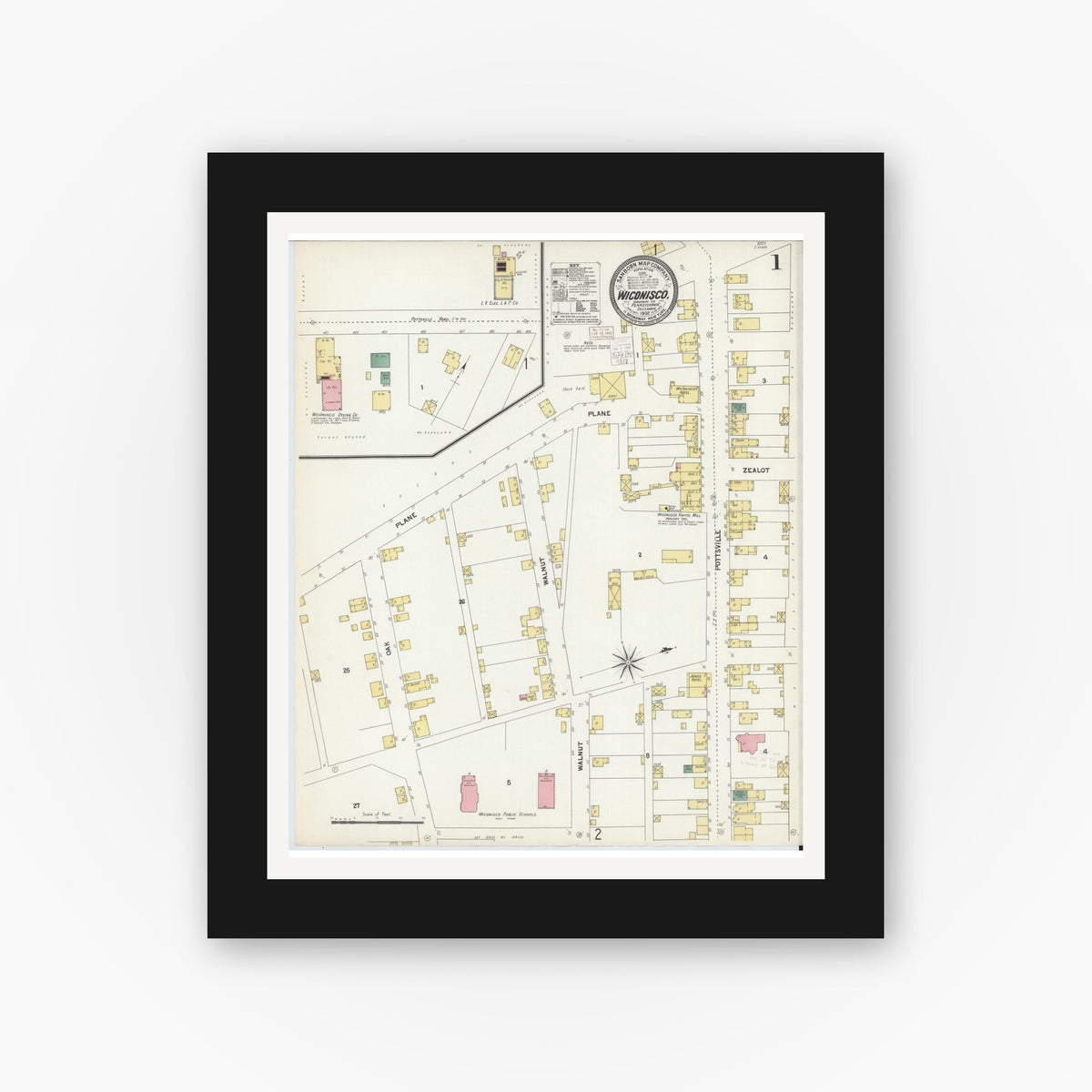 Old map wall art mockup — black gallery frame with white mat — Sanborn Fire Insurance Map from Wiconisco, Dauphin County, Pennsylvania (1902), Sheet #0001