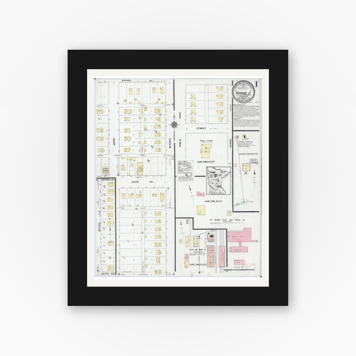 Old map wall art mockup — black gallery frame with white mat — Sanborn Fire Insurance Map from Marble, Itasca County, Minnesota (1921) - Complete Map Set