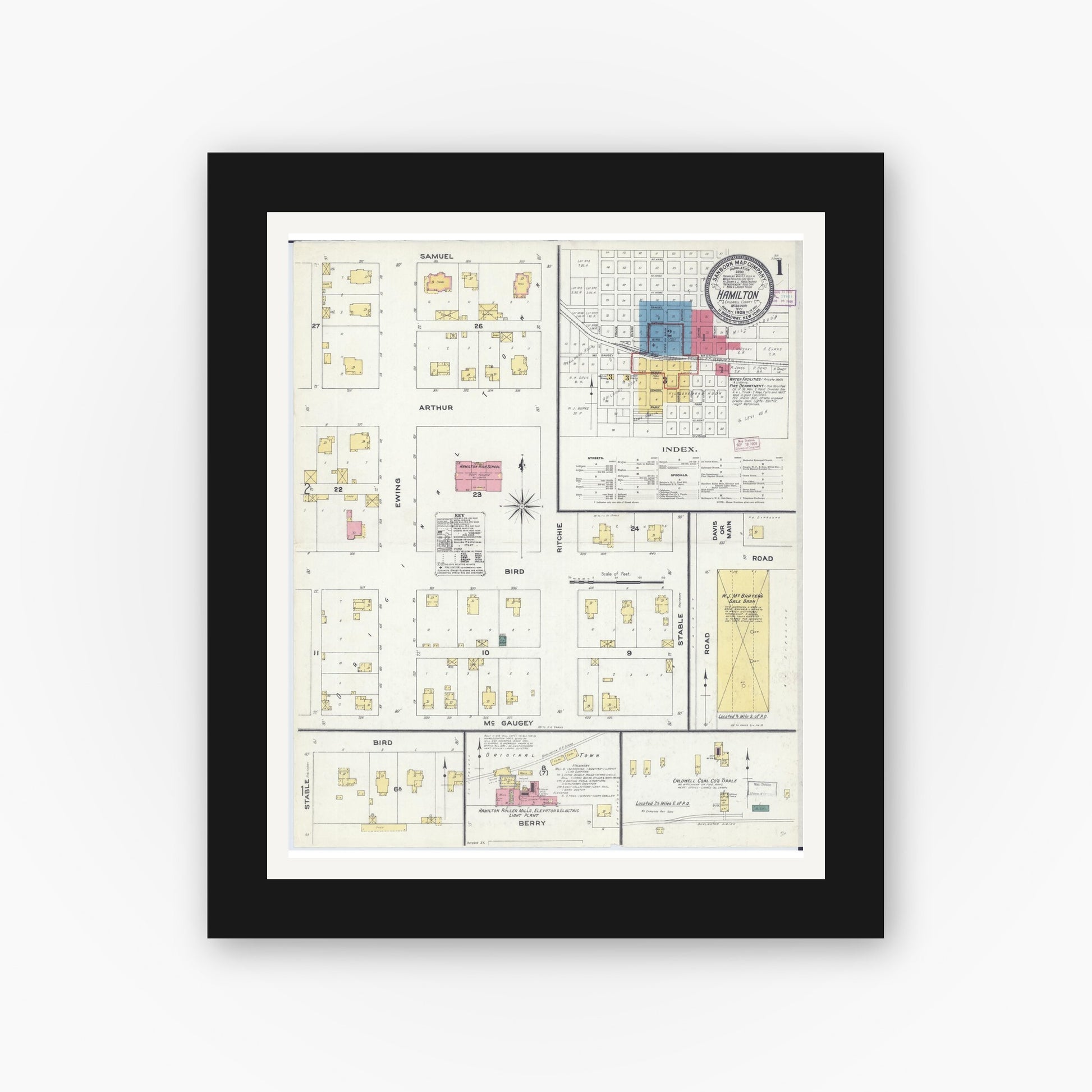 Old map wall art mockup — black gallery frame with white mat — Sanborn Fire Insurance Map from Hamilton, Caldwell County, Missouri (1909) - Complete Map Set