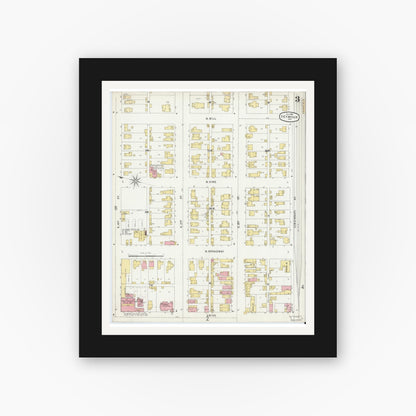 Old map wall art mockup — black gallery frame with white mat — Sanborn Fire Insurance Map from Seymour, Jackson County, Indiana (1896), Sheet #0003