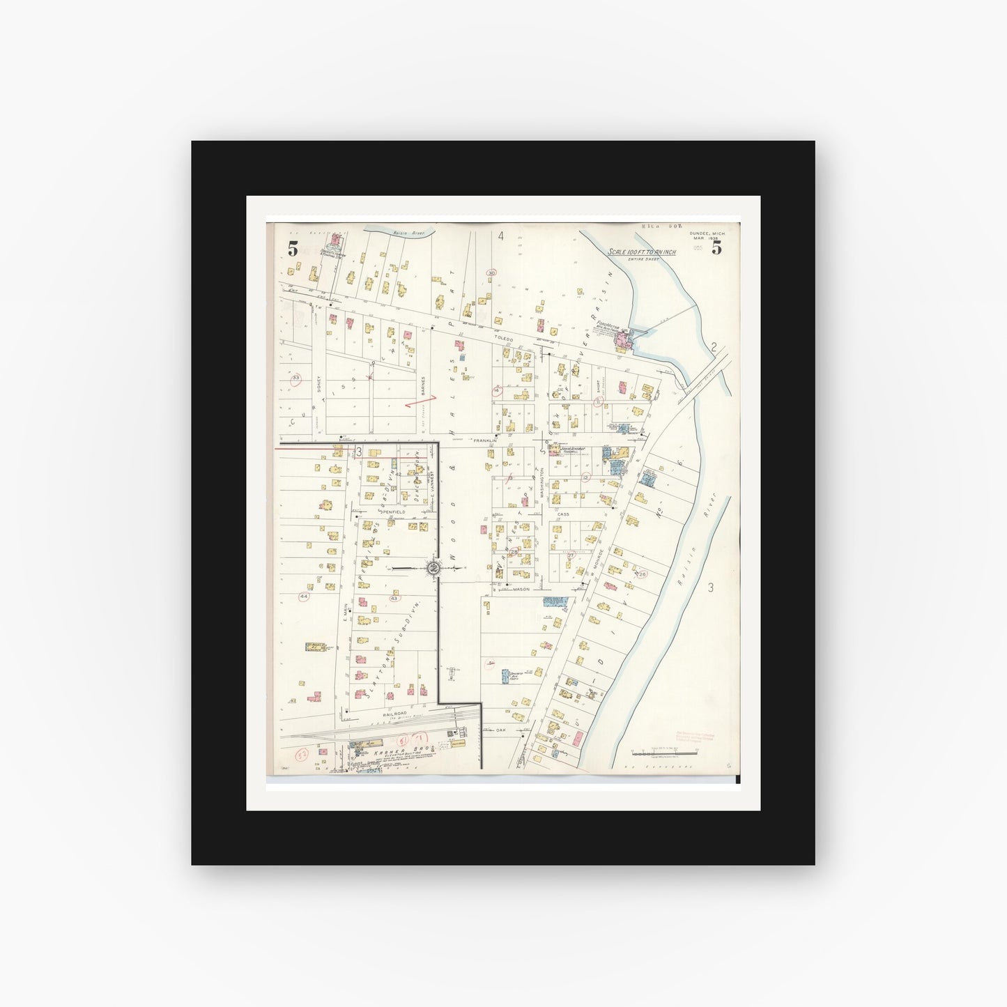 Old map wall art mockup — black gallery frame with white mat — Sanborn Fire Insurance Map from Dundee, Monroe County, Michigan (1949), Sheet #0005