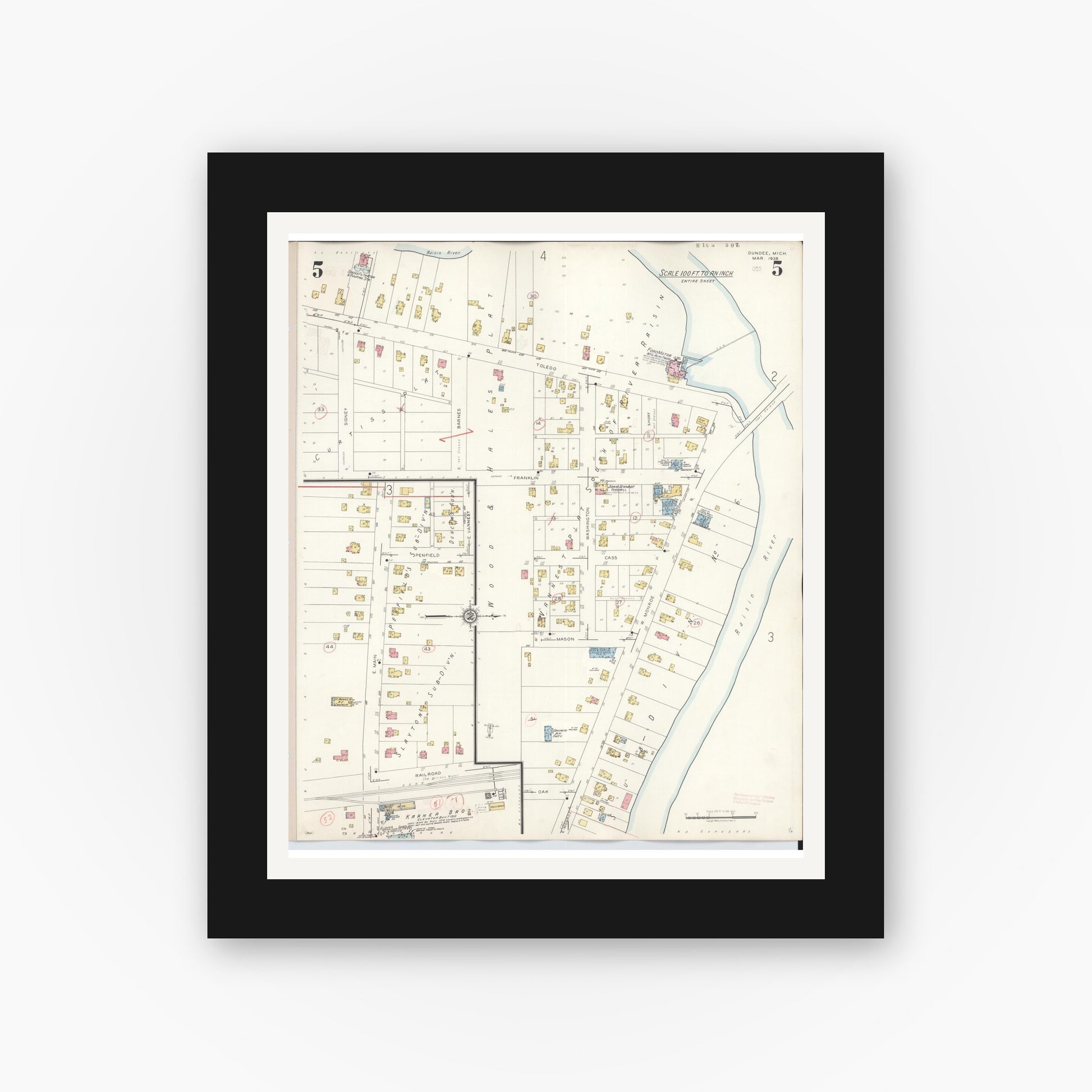 Old map wall art mockup — black gallery frame with white mat — Sanborn Fire Insurance Map from Dundee, Monroe County, Michigan (1949), Sheet #0005