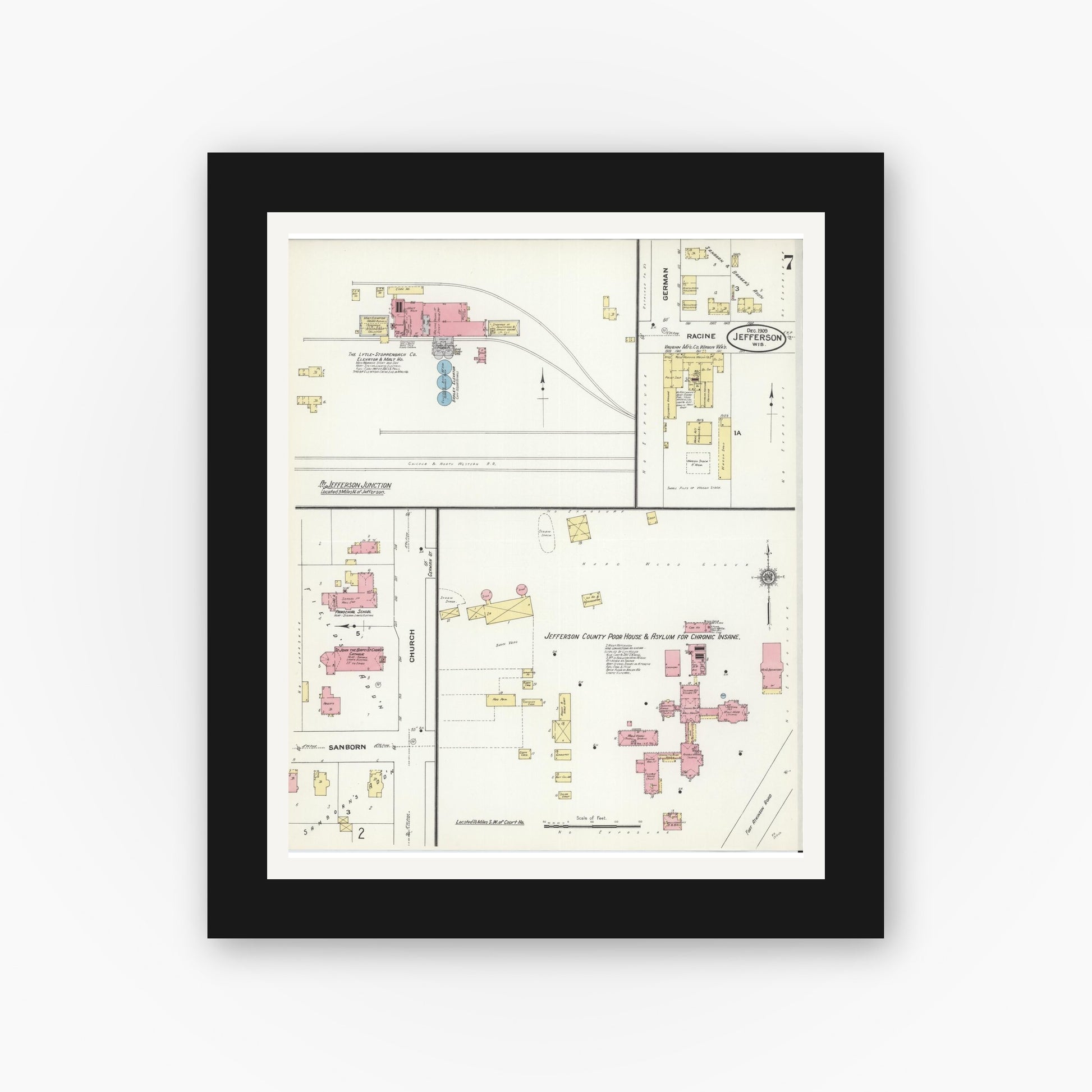 Old map wall art mockup — black gallery frame with white mat — Sanborn Fire Insurance Map from Jefferson, Jefferson County, Wisconsin (1909), Sheet #0007