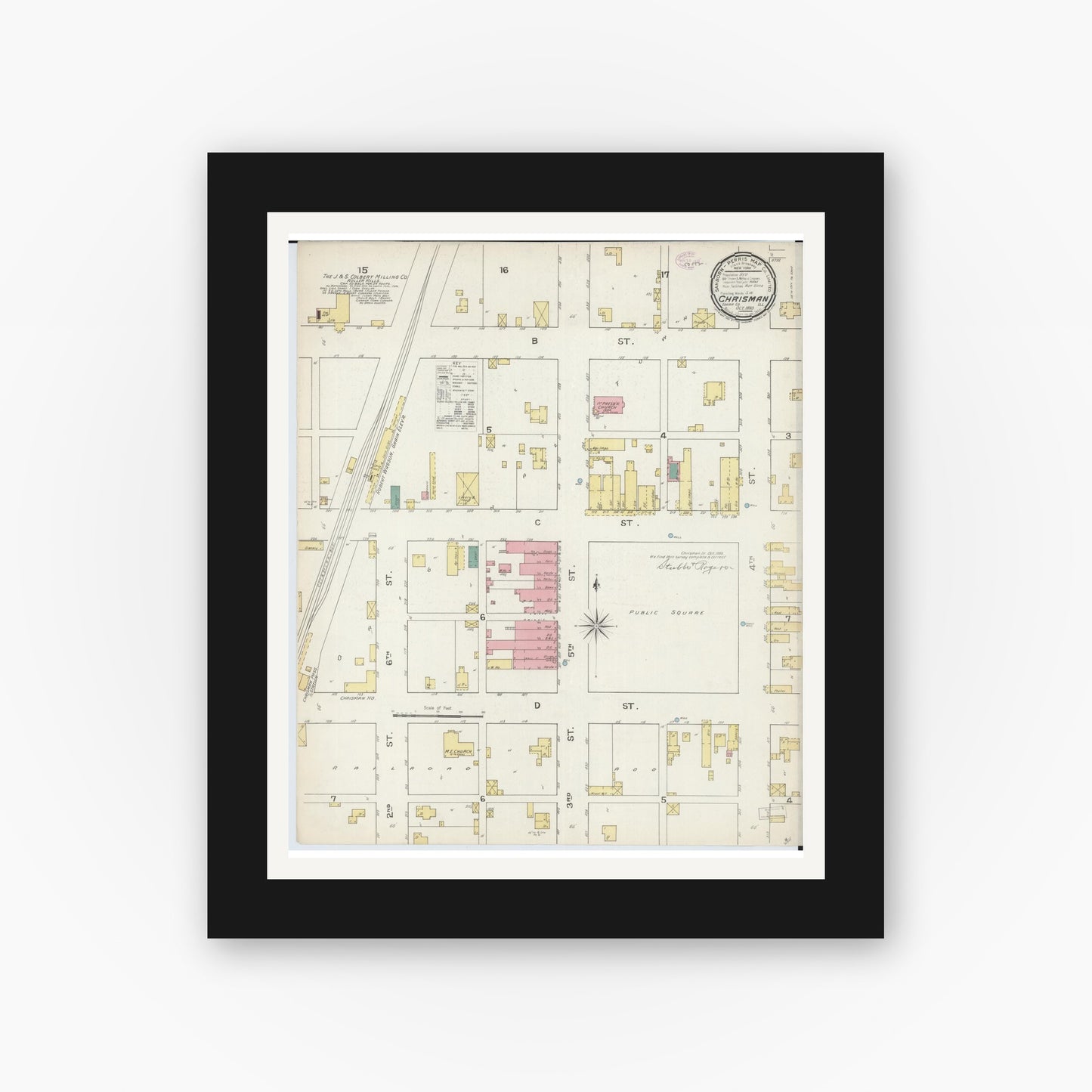 Old map wall art mockup — black gallery frame with white mat — Sanborn Fire Insurance Map from Chrisman, Edgar County, Illinois (1893), Sheet #0001