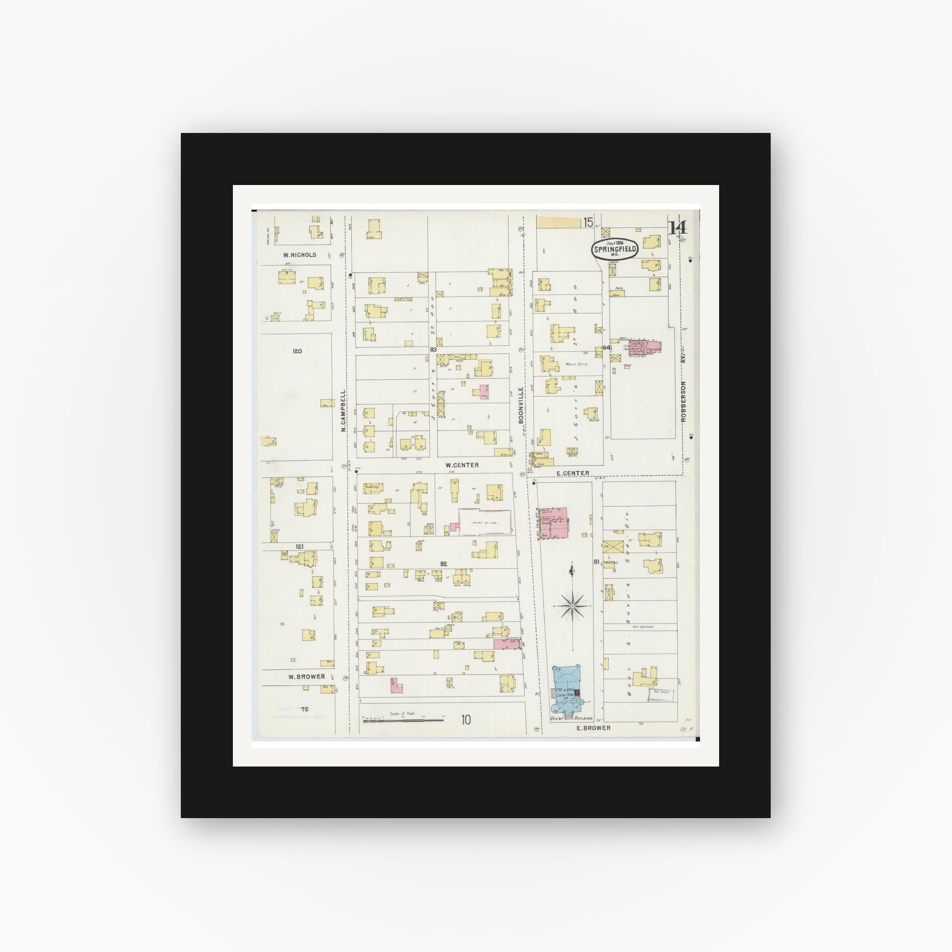 Old map wall art mockup — black gallery frame with white mat — Sanborn Fire Insurance Map from Springfield, Greene County, Missouri (1896), Sheet #0014