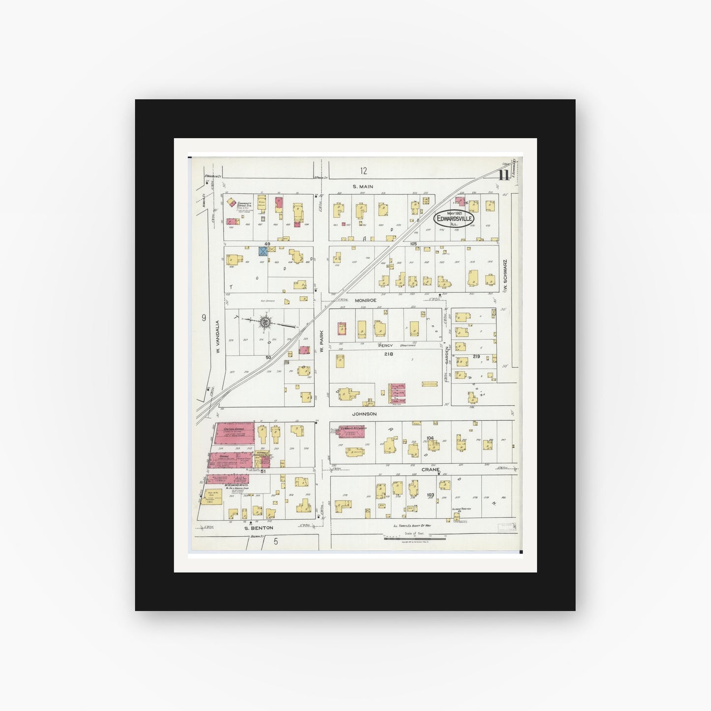 Old map wall art mockup — black gallery frame with white mat — Sanborn Fire Insurance Map from Edwardsville, Madison County, Illinois (1921), Sheet #0011