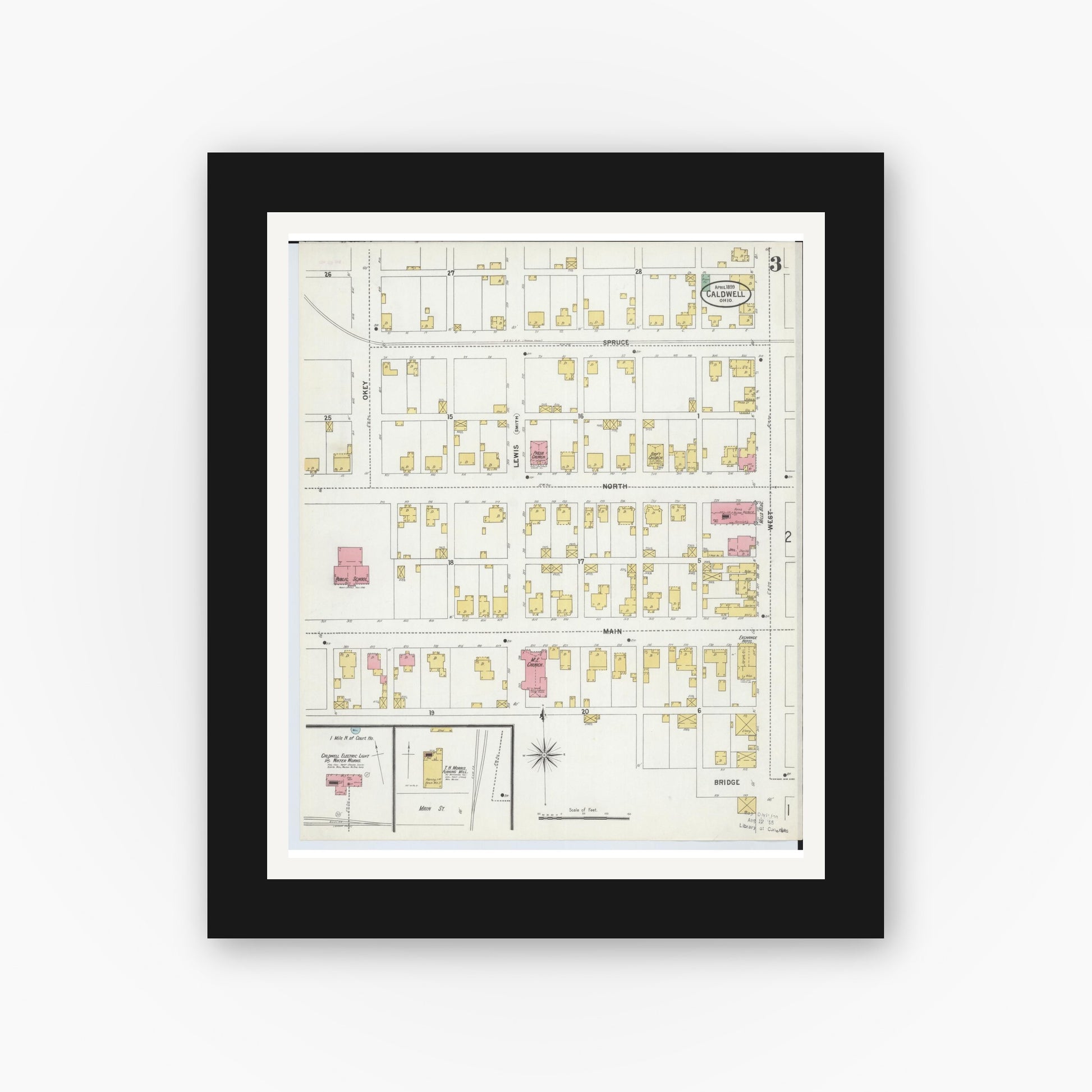 Old map wall art mockup — black gallery frame with white mat — Sanborn Fire Insurance Map from Caldwell, Noble County, Ohio (1899), Sheet #0003