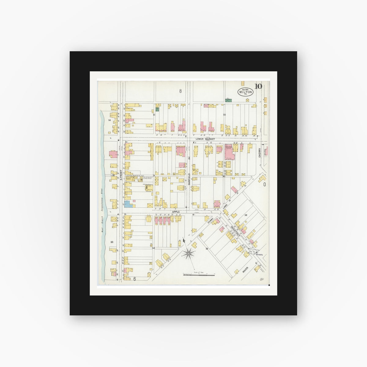 Old map wall art mockup — black gallery frame with white mat — Sanborn Fire Insurance Map from Milton, Northumberland County, Pennsylvania (1901), Sheet #0010
