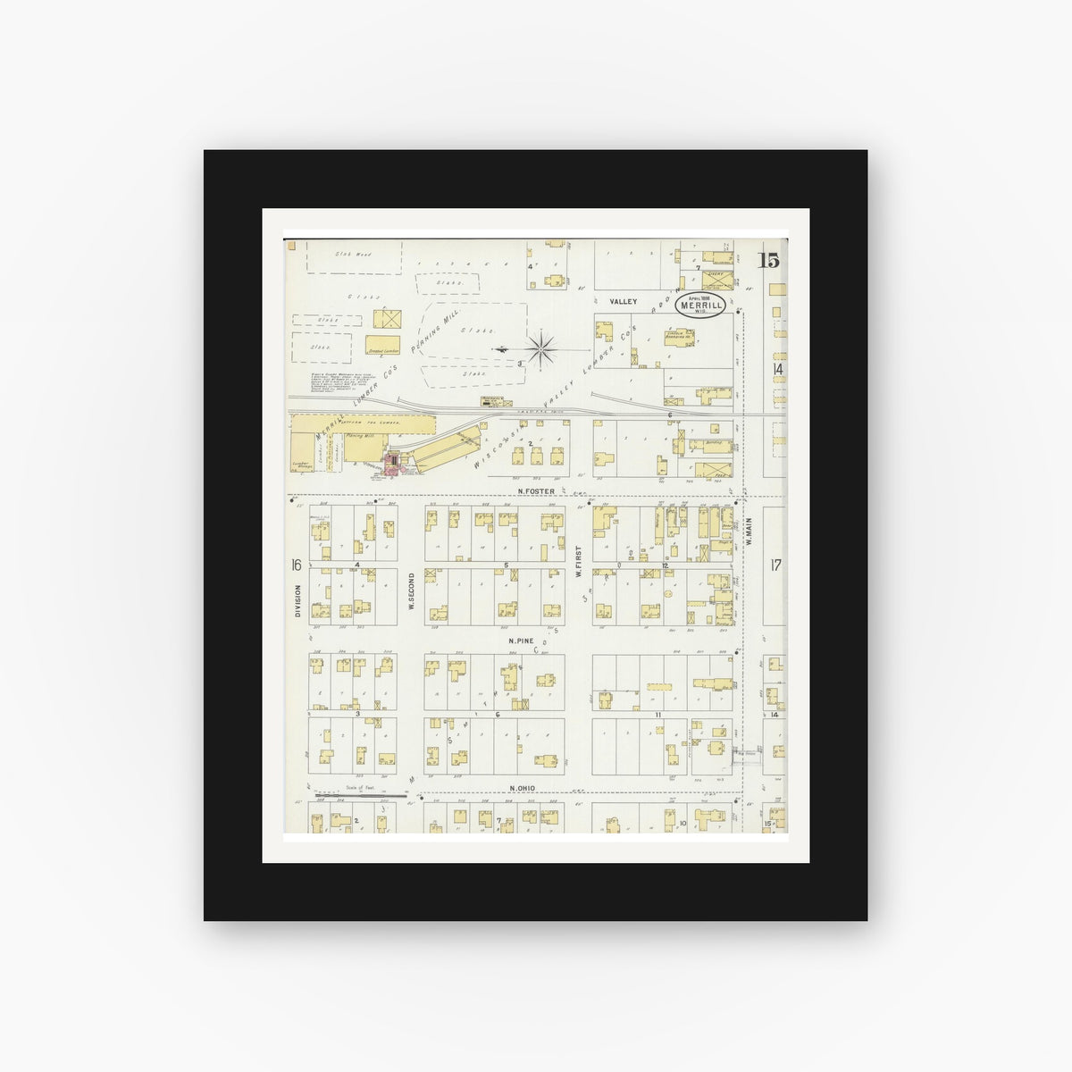 Old map wall art mockup — black gallery frame with white mat — Sanborn Fire Insurance Map from Merrill, Lincoln County, Wisconsin (1898), Sheet #0015