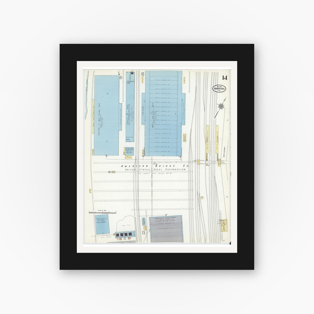 Old map wall art mockup — black gallery frame with white mat — Sanborn Fire Insurance Map from Ambridge, Beaver County, Pennsylvania (1911), Sheet #0014