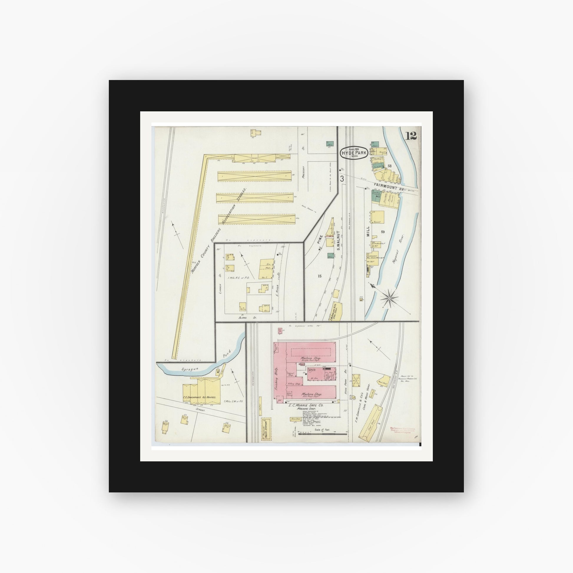 Old map wall art mockup — black gallery frame with white mat — Sanborn Fire Insurance Map from Hyde Park, Norfolk County, Massachusetts (1896), Sheet #0012