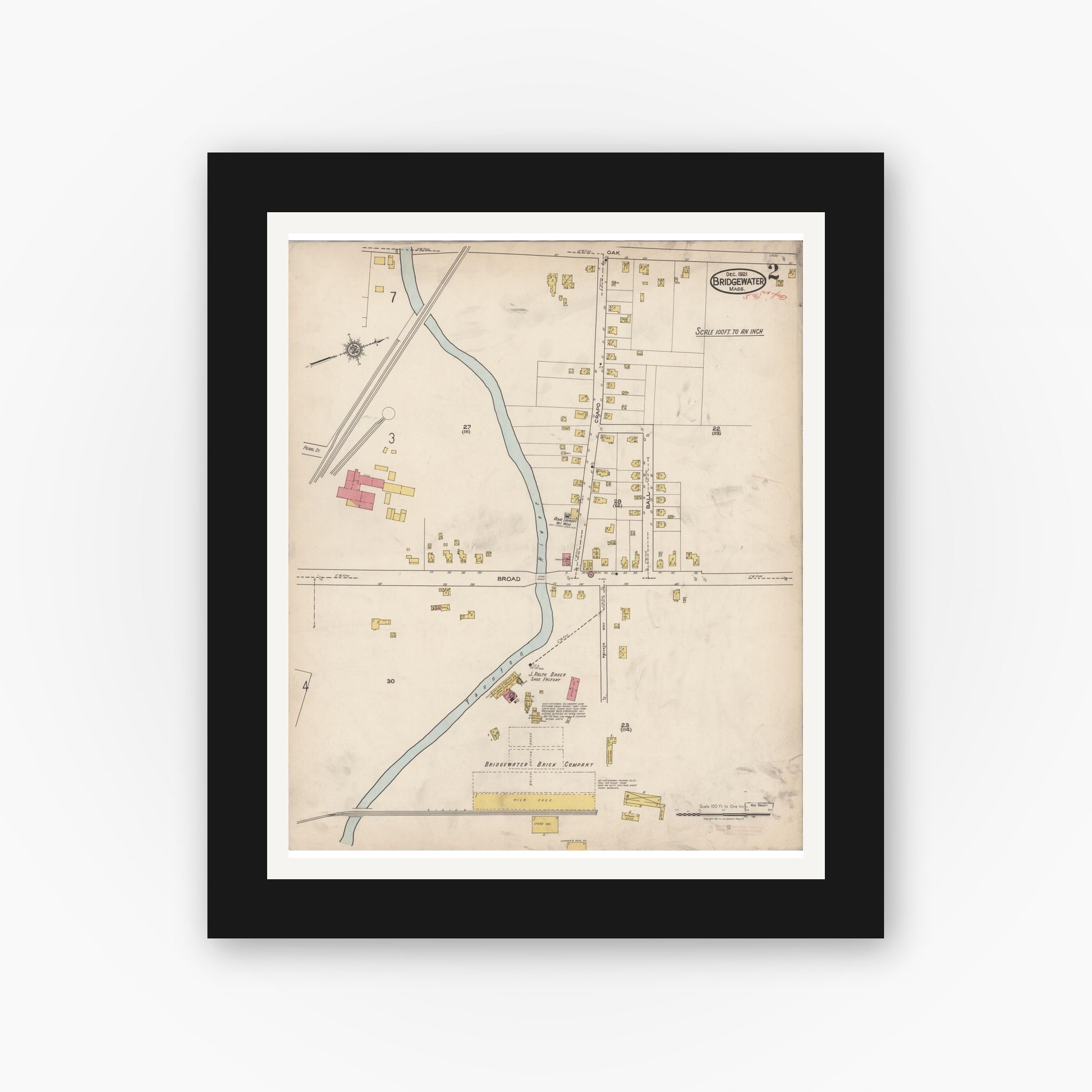 Old map wall art mockup — black gallery frame with white mat — Sanborn Fire Insurance Map from Bridgewater, Plymouth County, Massachusetts (1921), Sheet #0002
