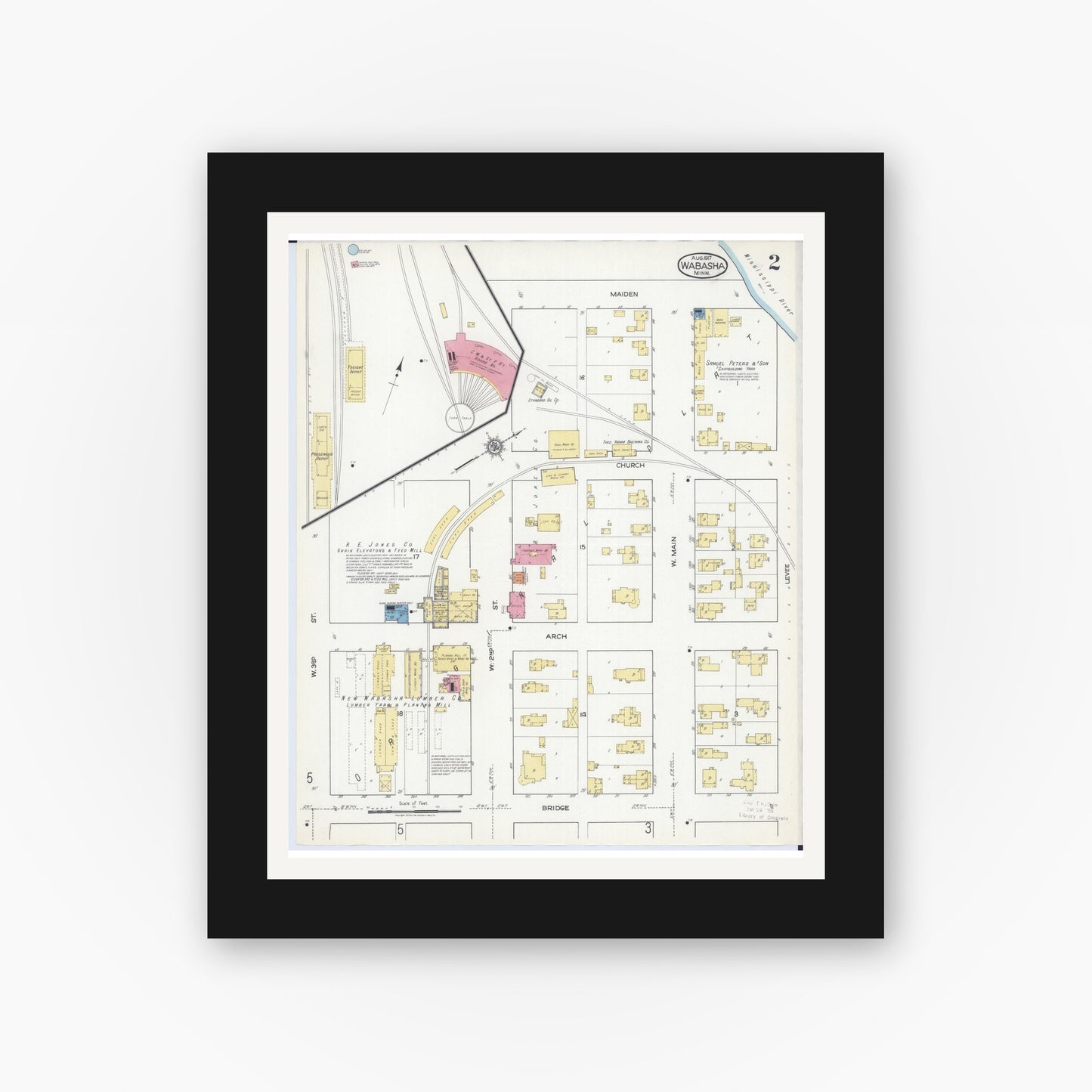 Old map wall art mockup — black gallery frame with white mat — Sanborn Fire Insurance Map from Wabasha, Wabasha County, Minnesota (1917), Sheet #0002