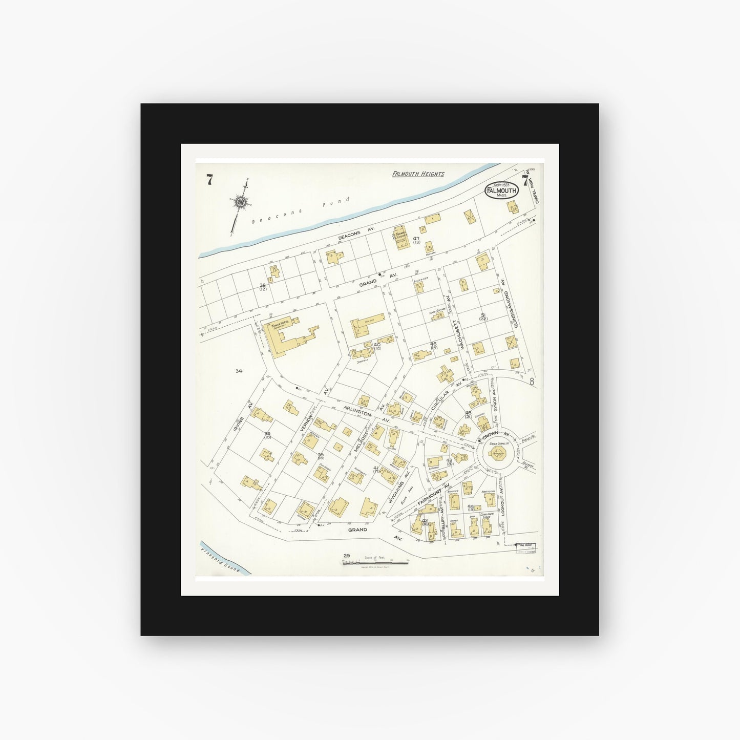 Old map wall art mockup — black gallery frame with white mat — Sanborn Fire Insurance Map from Falmouth, Barnstable County, Massachusetts (1923), Sheet #0007