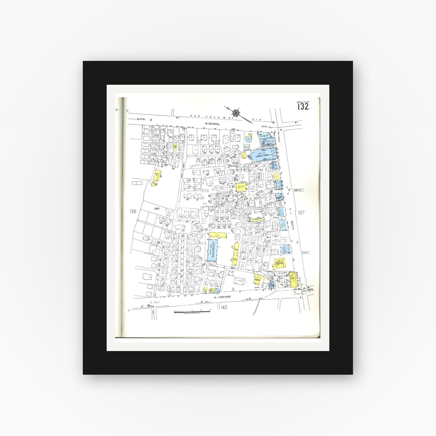 Old map wall art mockup — black gallery frame with white mat — Sanborn Fire Insurance Map from Honolulu, Oahu County, Hawaii (1955), Sheet #0132