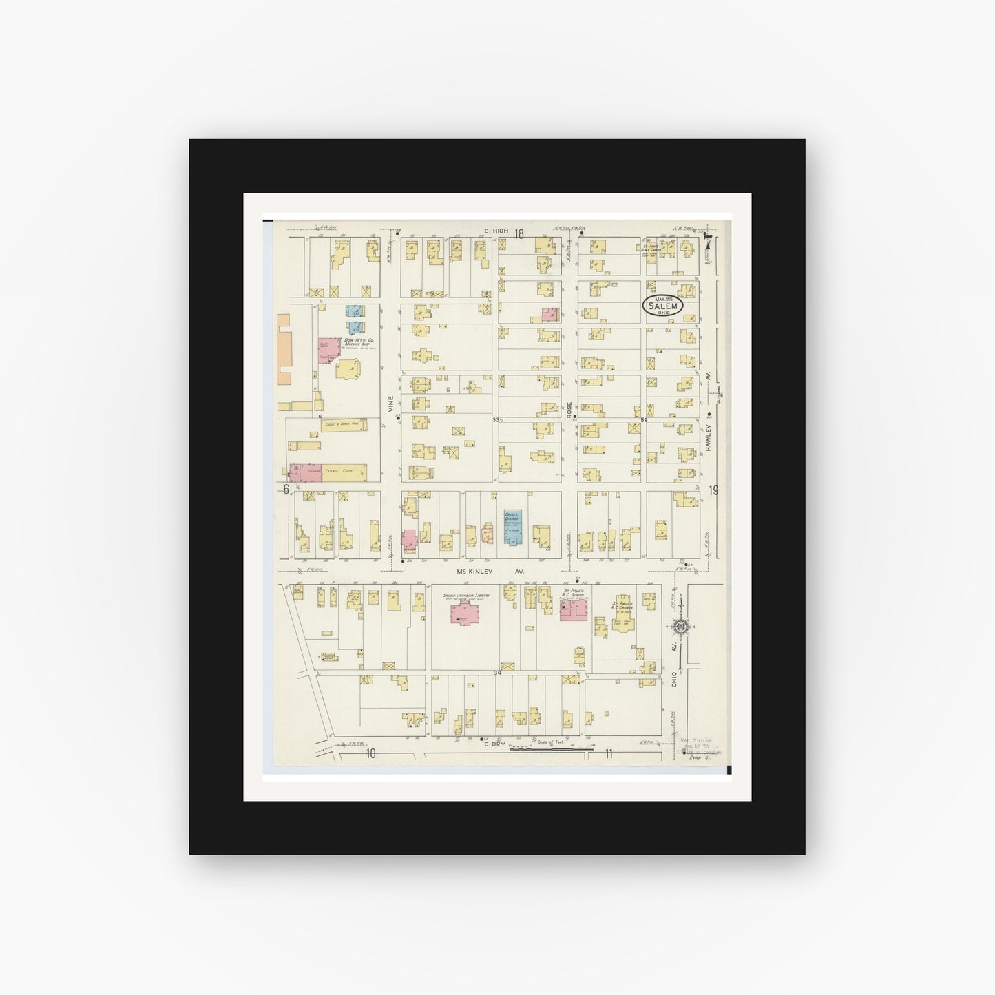 Old map wall art mockup — black gallery frame with white mat — Sanborn Fire Insurance Map from Salem, Columbiana County, Ohio (1915), Sheet #0007
