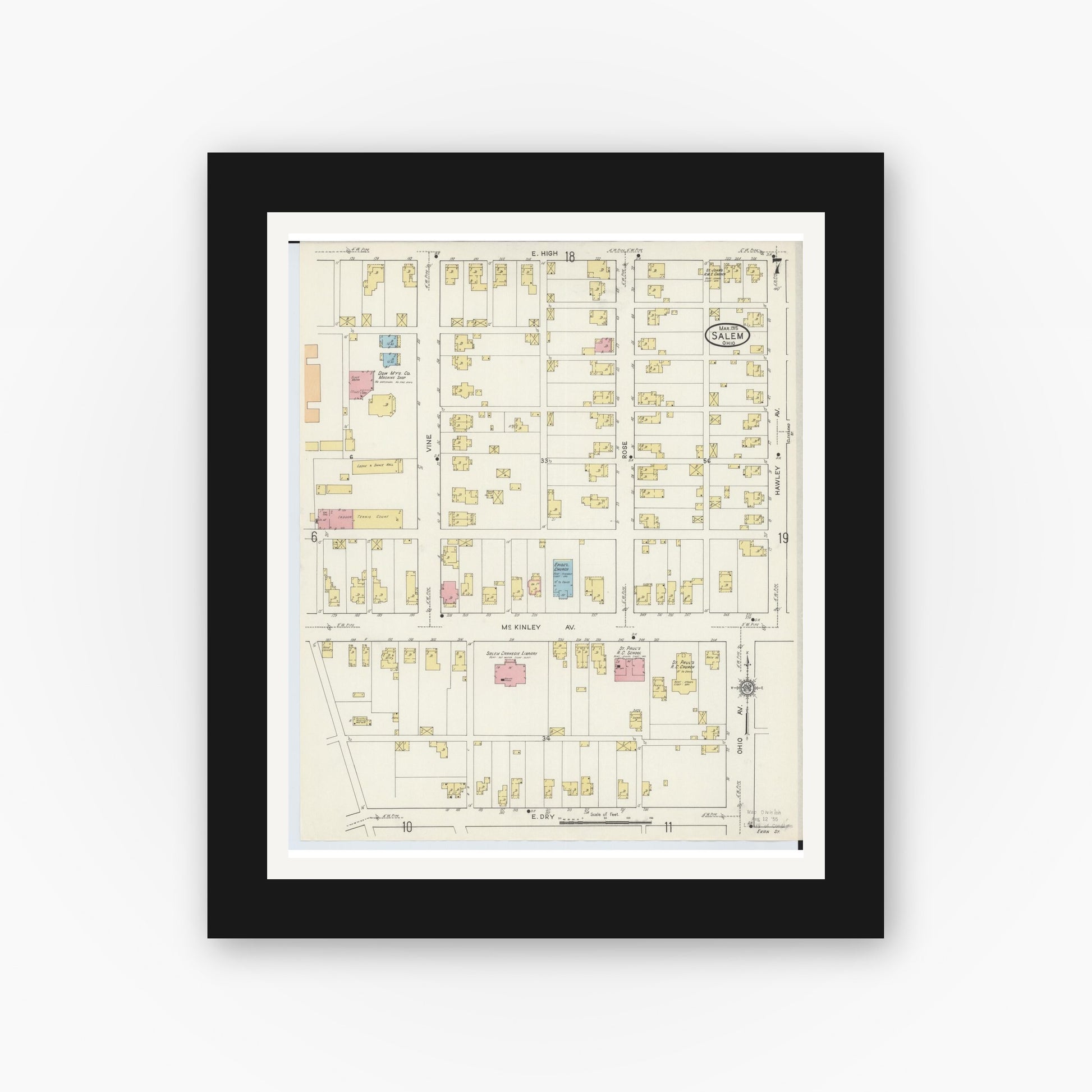 Old map wall art mockup — black gallery frame with white mat — Sanborn Fire Insurance Map from Salem, Columbiana County, Ohio (1915), Sheet #0007